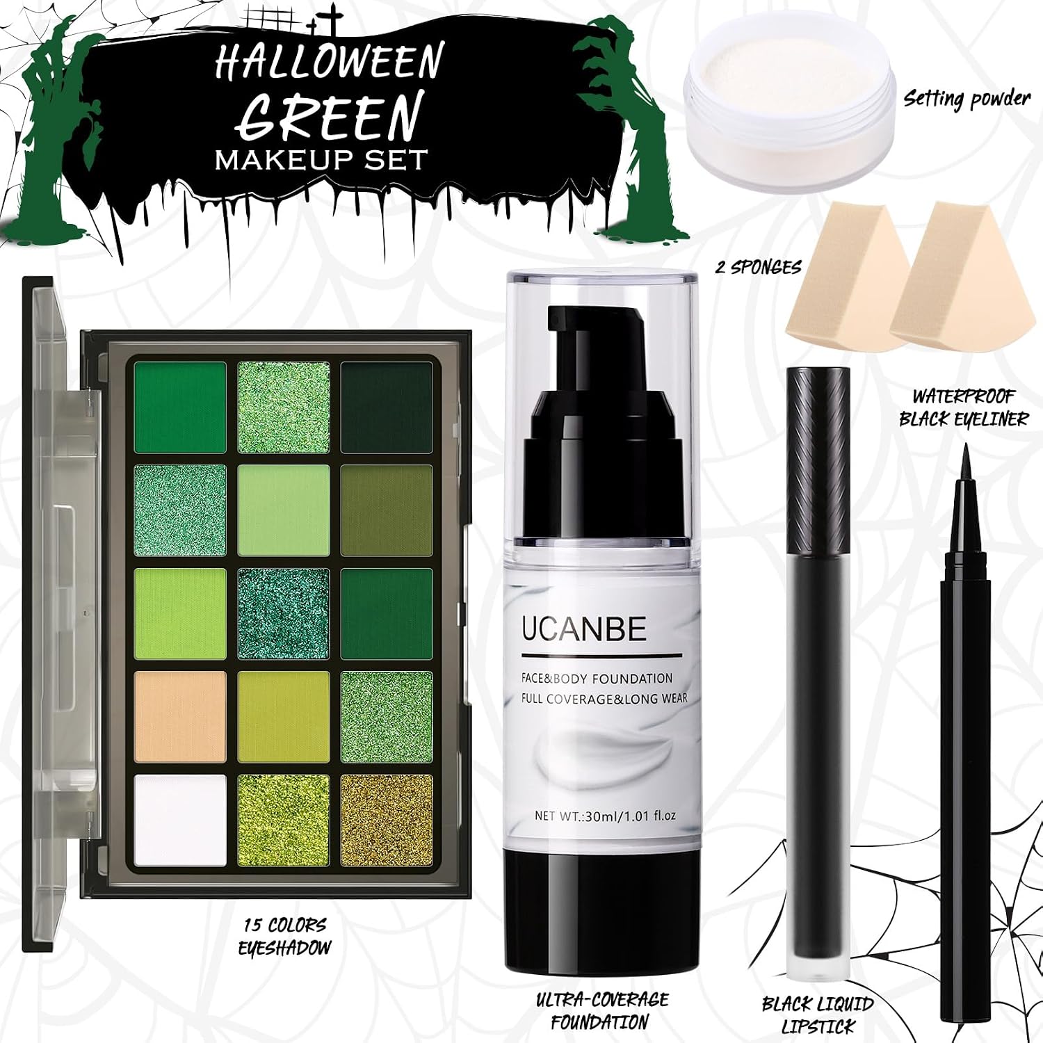 SET DE MAQUILLAJE UCANBE HALLOWEEN EDICIÓN VERDE CON PALETA DE 15 SOMBRAS, BASE LÍQUIDA BLANCA, LABIAL Y DELINEADOR NEGRO, POLVO - 2