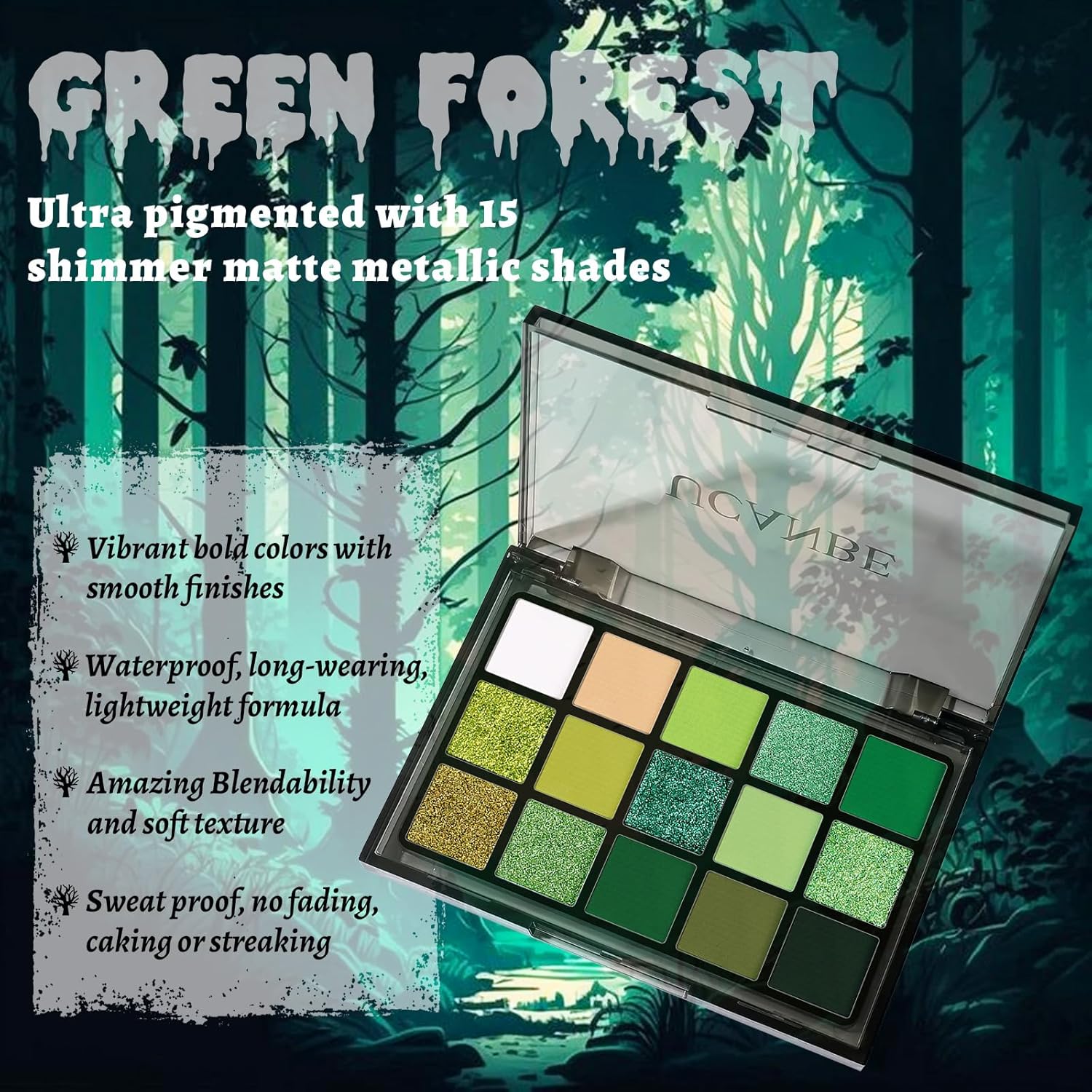 SET DE MAQUILLAJE UCANBE HALLOWEEN EDICIÓN VERDE CON PALETA DE 15 SOMBRAS, BASE LÍQUIDA BLANCA, LABIAL Y DELINEADOR NEGRO, POLVO - 3