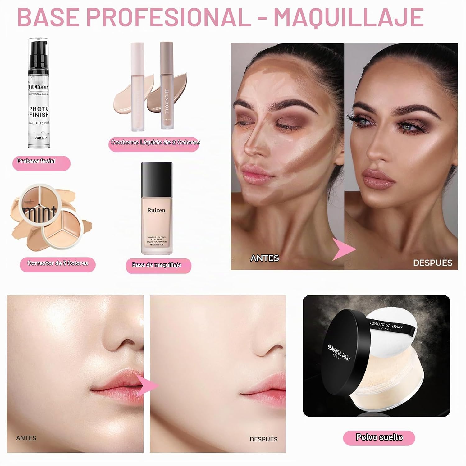 SET DE MAQUILLAJE RUICEN COMPLETO PARA MUJER CON BASE, PALETA DE SOMBRAS, BRILLO LABIAL Y MÁS - 4