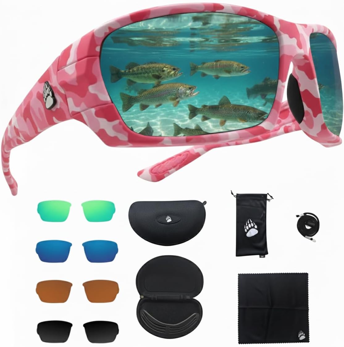 LENTES DE SOL GRIZZLY FISHING FISHING GLASSES PRO KIT CON 4 LENTES POLARIZADAS Y MARCO TR-90 ROSA CAMUFLAJE - 1