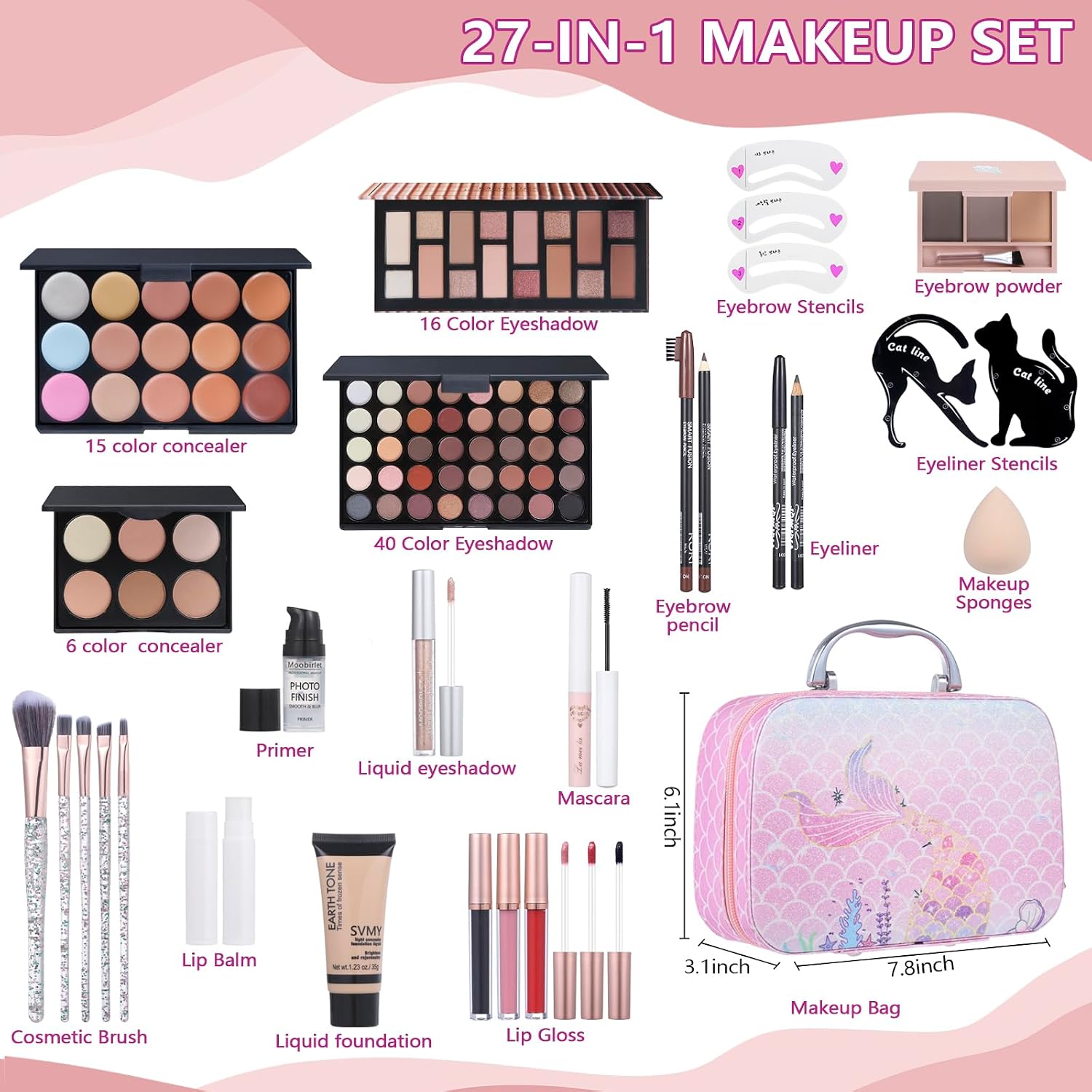 SET DE MAQUILLAJE MOOBIRLET COLORS 29 CON ESTUCHE, PALETAS DE SOMBRAS, BASE, CORRECTOR Y BROCHAS - 2
