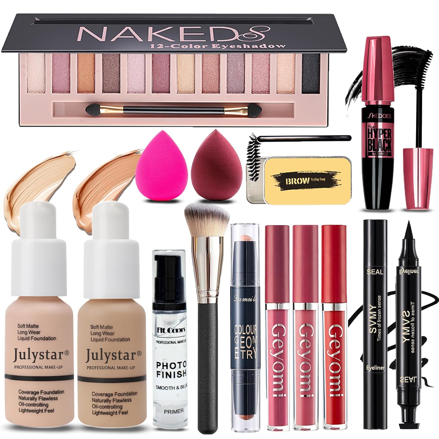 SET DE MAQUILLAJE COMPLETO GEYOMI 12 SOMBRAS, BASE, PRIMER, LABIALES, DELINEADOR, MÁSCARA, CONTORNO, CEJAS, BROCHA Y ESPONJAS - 1