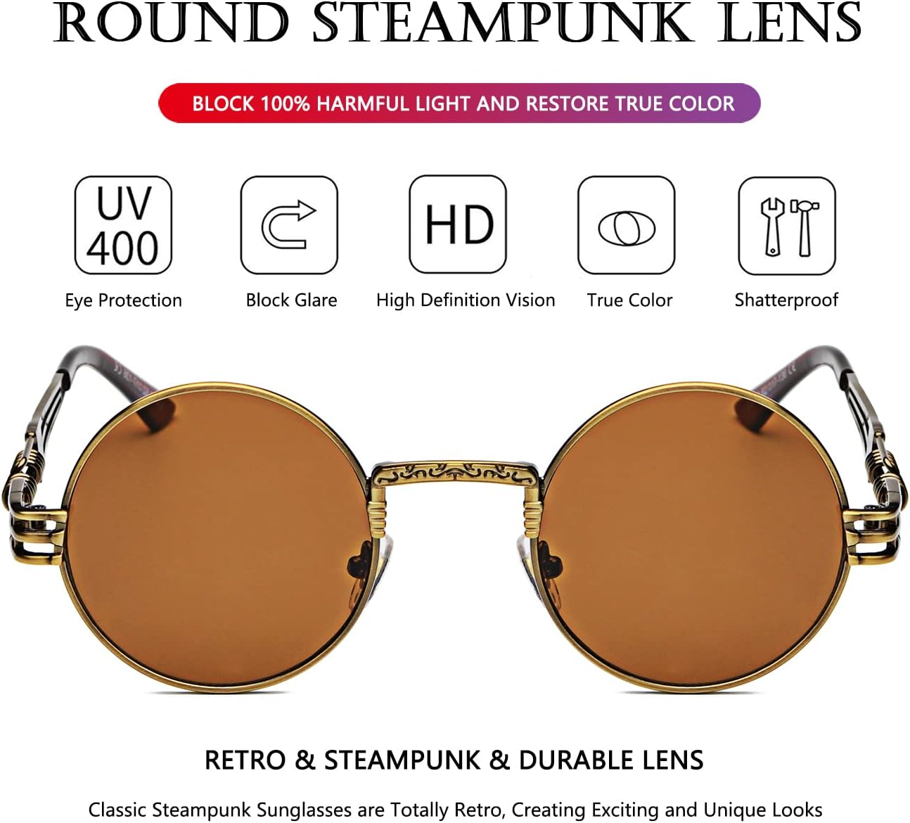 LENTES DE SOL AIEYEZO REDONDOS STEAMPUNK UNISEX MARCO METÁLICO - 3