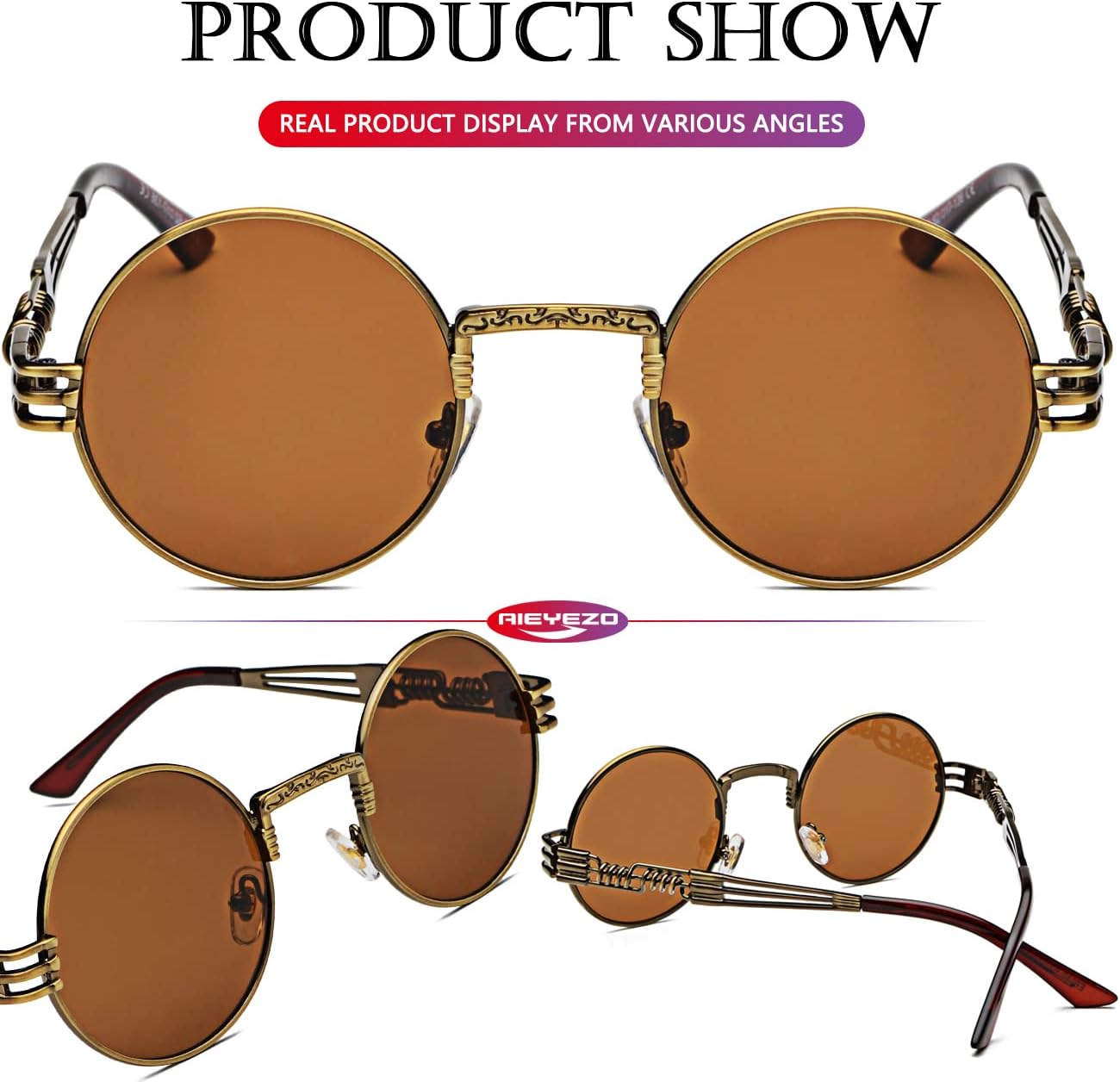 LENTES DE SOL AIEYEZO REDONDOS STEAMPUNK UNISEX MARCO METÁLICO - 4