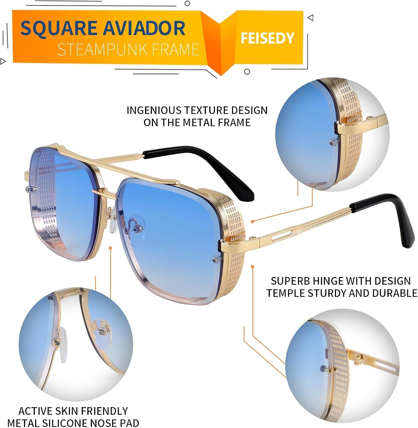 LENTES DE SOL FEISEDY VINTAGE PILOTO CUADRADOS METAL STEAMPUNK B2894 - 4