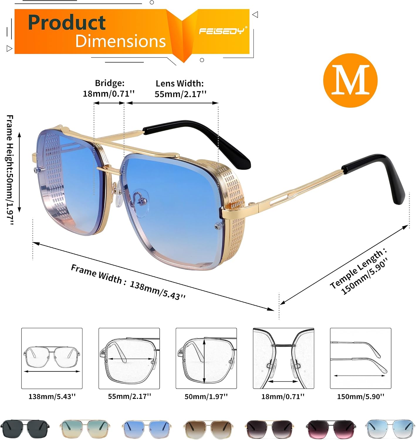 LENTES DE SOL FEISEDY VINTAGE PILOTO CUADRADOS METAL STEAMPUNK B2894 - 5