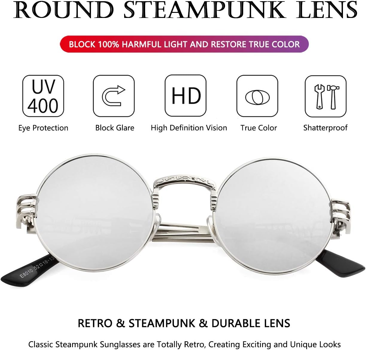 LENTES DE SOL AIEYEZO STEAMPUNK REDONDOS UNISEX MARCO METÁLICO - 3