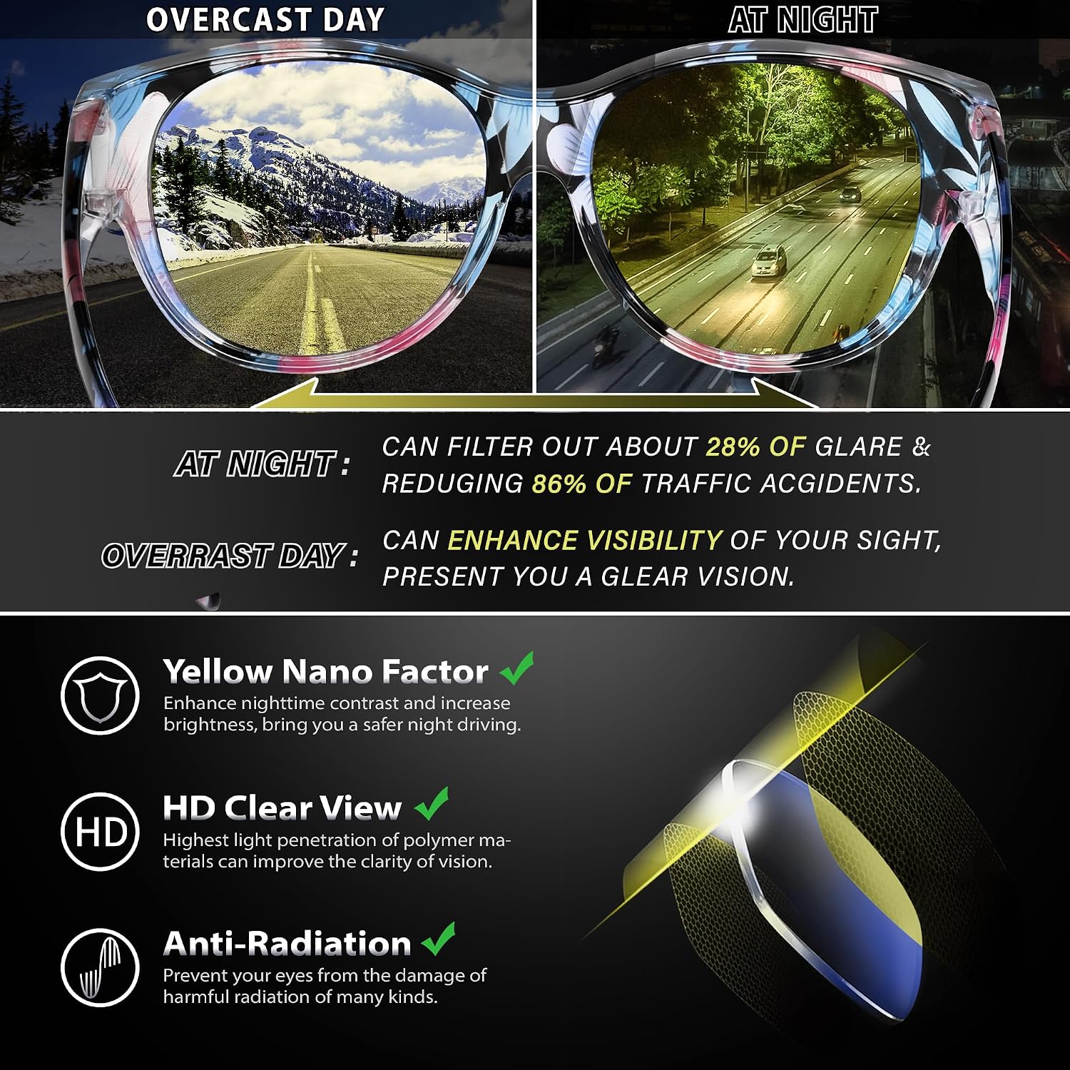 LENTES DE SOL URUMQI NIGHT VISION PARA MUJER PARA USAR SOBRE ANTEOJOS - 3