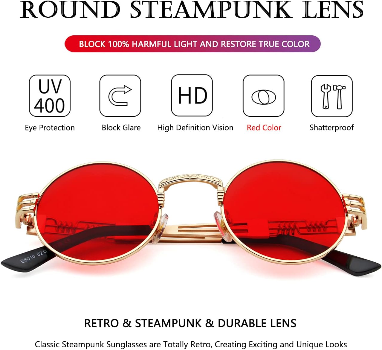 LENTES DE SOL AIEYEZO STEAMPUNK REDONDOS UNISEX MARCO METÁLICO - 4