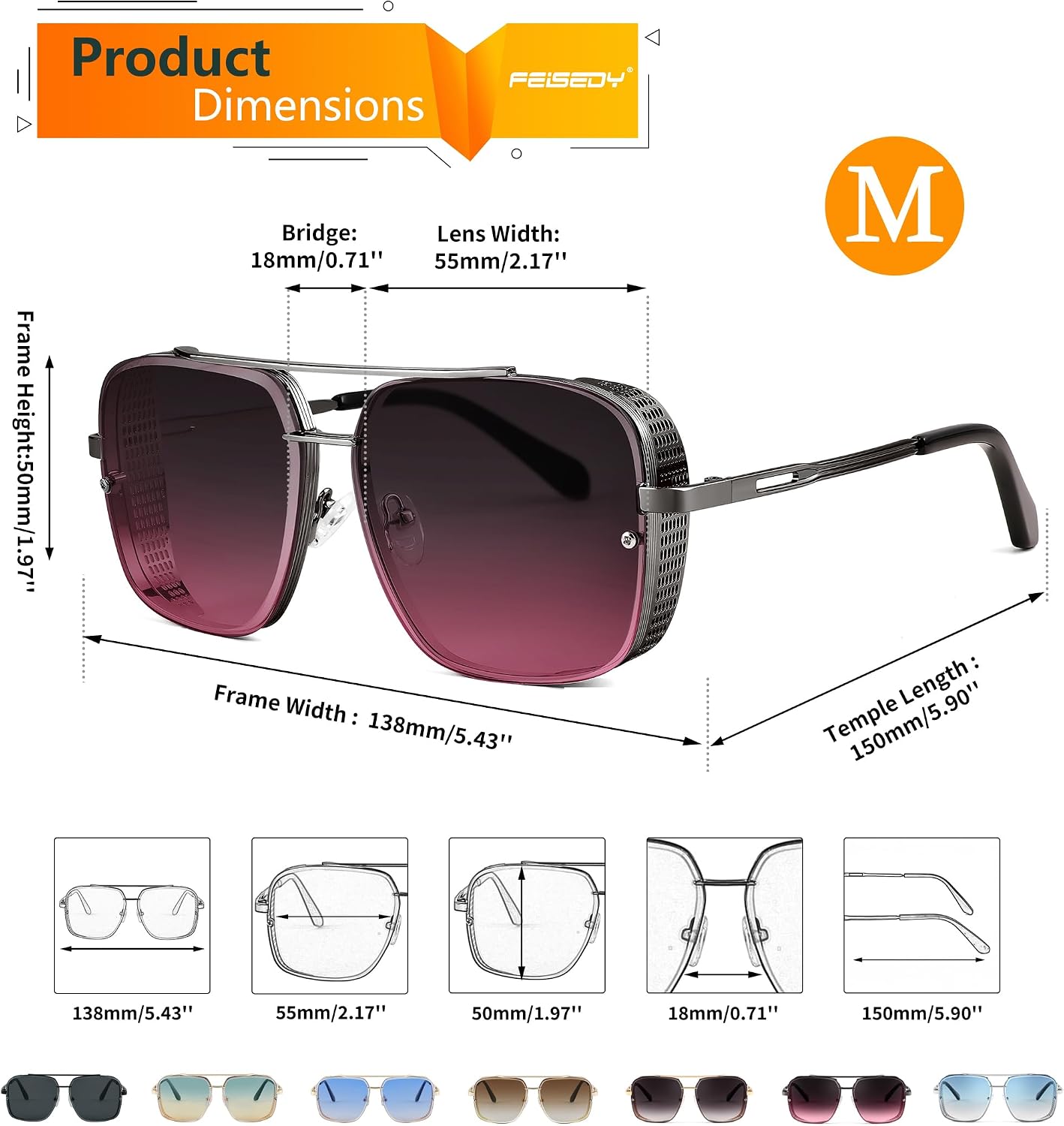 LENTES DE SOL FEISEDY VINTAGE PILOTO CUADRADOS METAL STEAMPUNK B2894 - 5