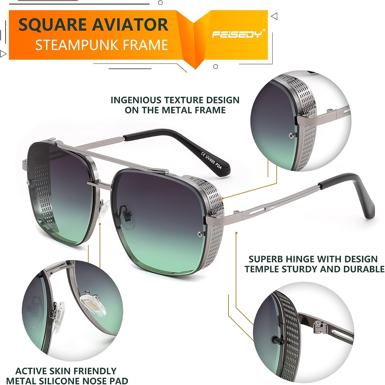 LENTES DE SOL FEISEDY VINTAGE AVIADOR CUADRADO METAL STEAMPUNK B2894 - 3
