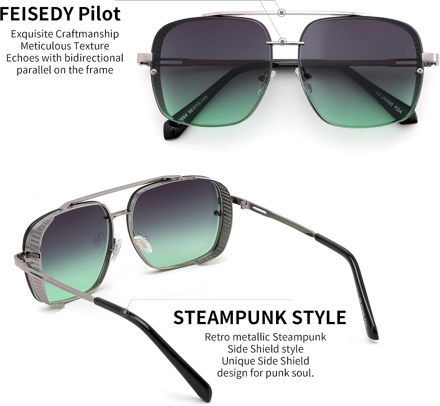 LENTES DE SOL FEISEDY VINTAGE AVIADOR CUADRADO METAL STEAMPUNK B2894 - 4