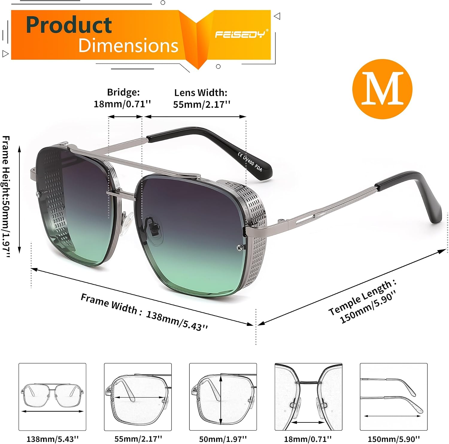 LENTES DE SOL FEISEDY VINTAGE AVIADOR CUADRADO METAL STEAMPUNK B2894 - 5