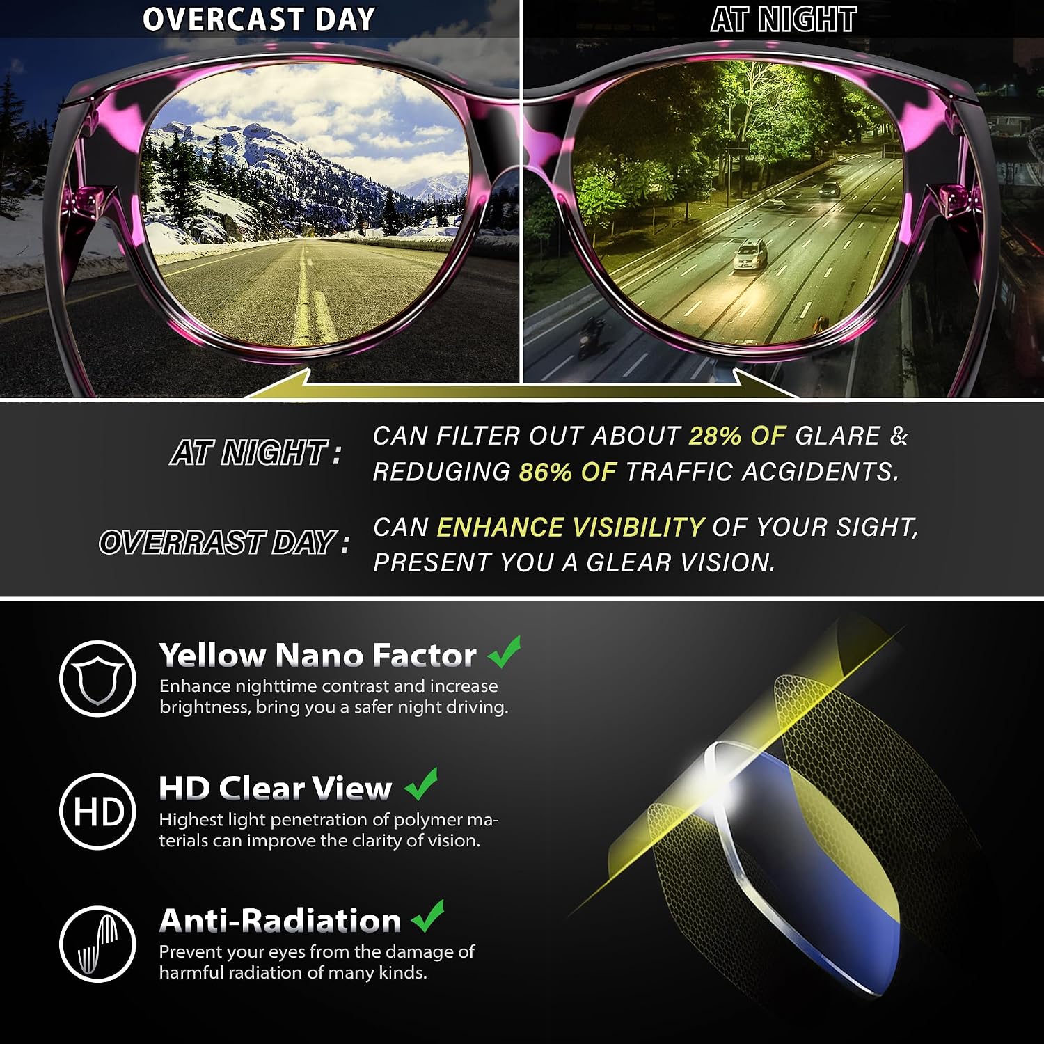 LENTES DE SOL URUMQI NIGHT VISION PARA MUJER PARA USAR SOBRE ANTEOJOS - 4