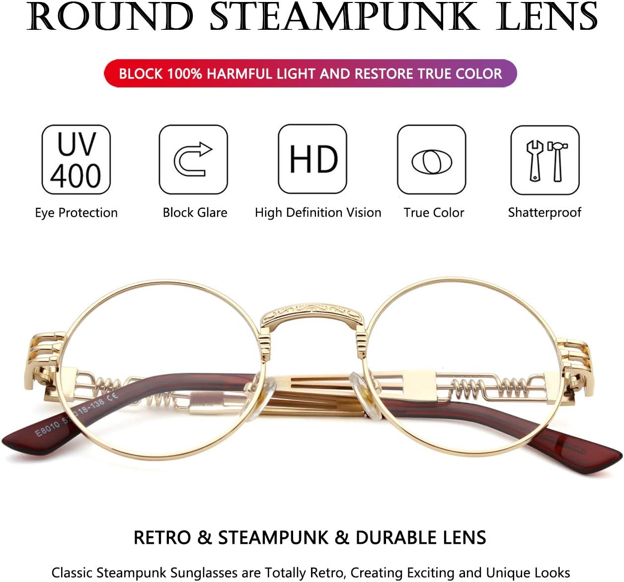 LENTES DE SOL AIEYEZO STEAMPUNK REDONDOS UNISEX MARCO METÁLICO - 4