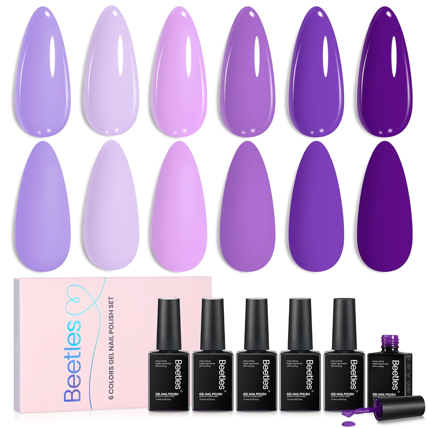 SET DE ESMALTES EN GEL BEETLES PURPLE GEL POLISH, COLECCIÓN VIOLET LETTER, 6 TONOS PÚRPURA - 1