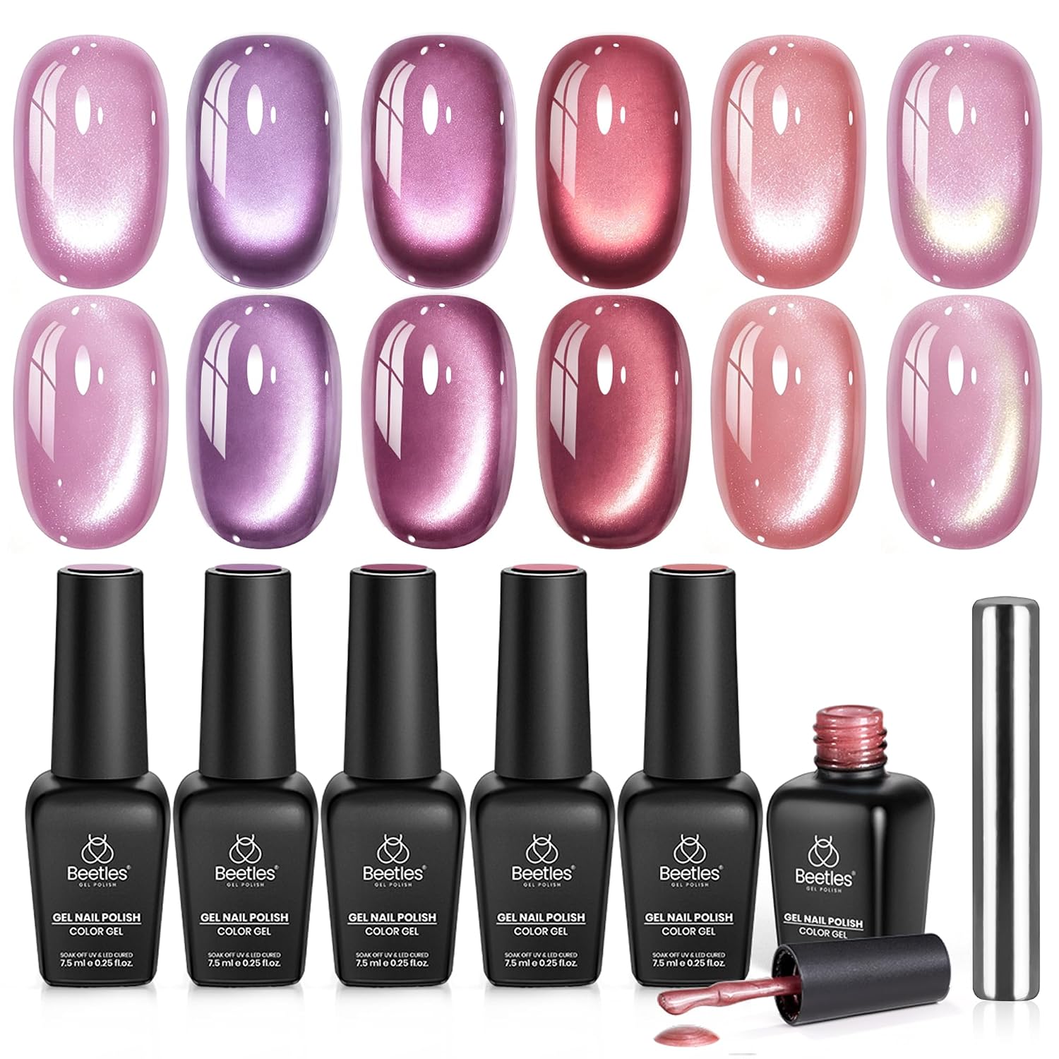 SET DE ESMALTES EN GEL BEETLES PURPLE CAT EYE, 6 COLORES CON BRILLO GLITTER - 1