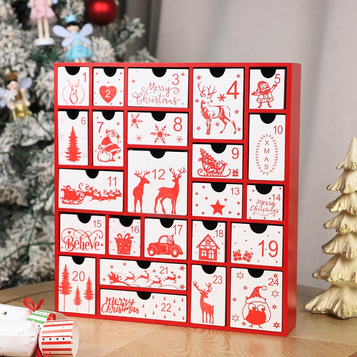 CALENDARIO DE ADVIENTO DE MADERA SAND MINE CON 24 CAJONES ROJO Y BLANCO - 3
