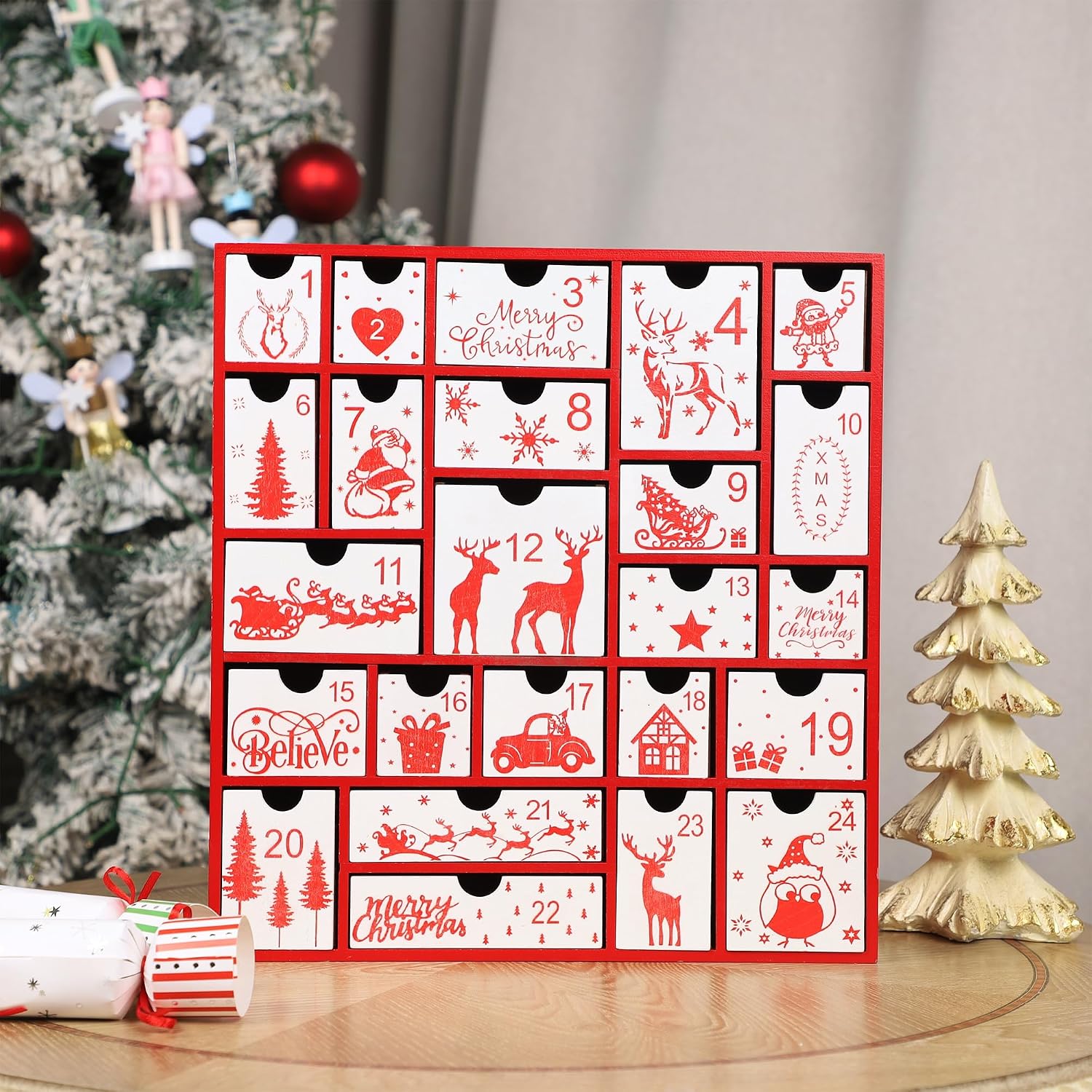 CALENDARIO DE ADVIENTO DE MADERA SAND MINE CON 24 CAJONES ROJO Y BLANCO - 5