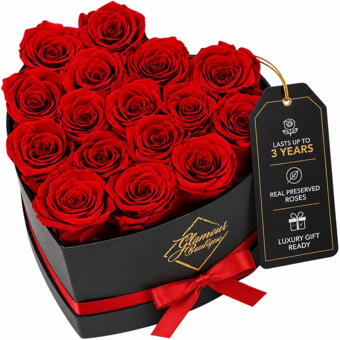 FLORES PRESERVADAS GLAMOUR BOUTIQUE 16 ROSAS ROJAS EN CAJA CORAZÓN - 1