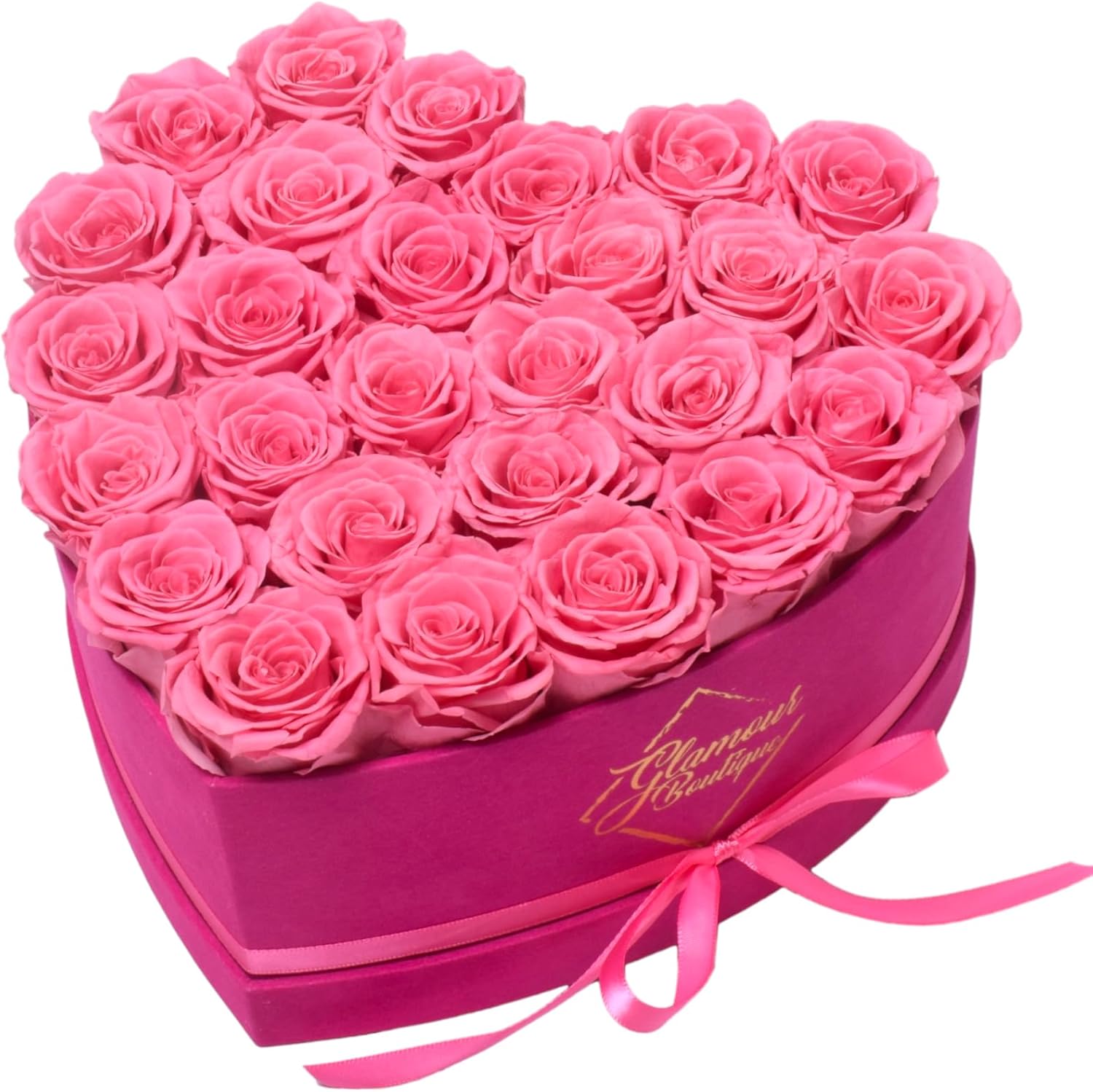 FLORES PRESERVADAS GLAMOUR BOUTIQUE CAJA CORAZÓN CON 27 ROSAS VELVET PINK - 1