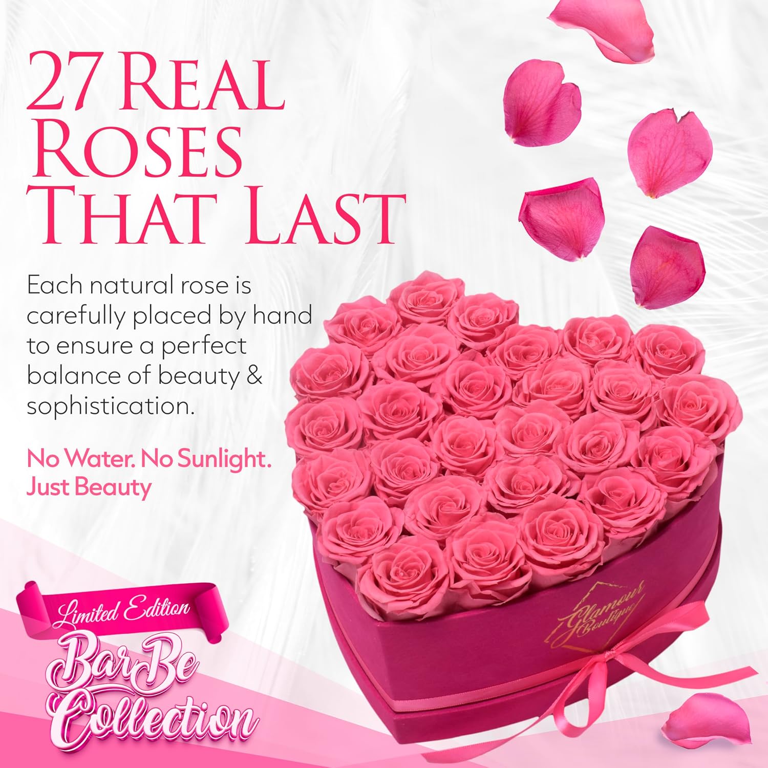 FLORES PRESERVADAS GLAMOUR BOUTIQUE CAJA CORAZÓN CON 27 ROSAS VELVET PINK - 2