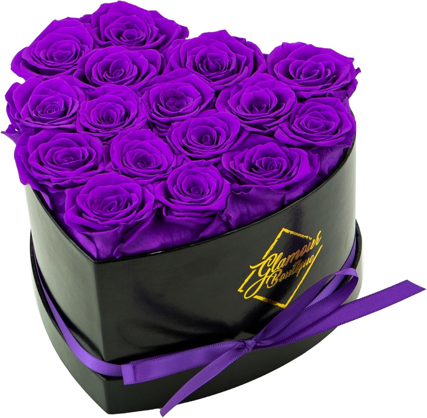FLORES PRESERVADAS GLAMOUR BOUTIQUE 16 ROSAS MORADAS EN CAJA CORAZÓN - 1