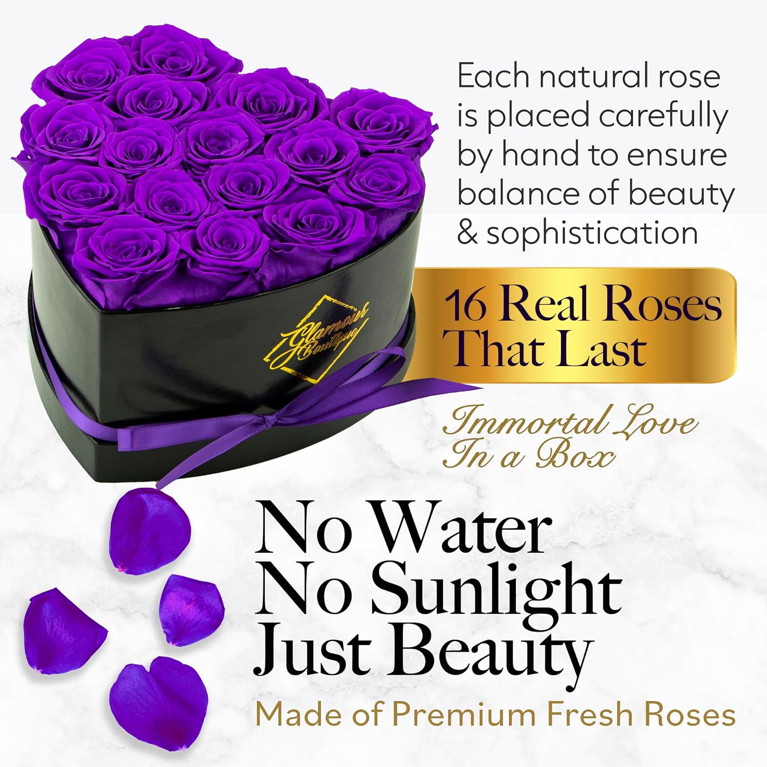 FLORES PRESERVADAS GLAMOUR BOUTIQUE 16 ROSAS MORADAS EN CAJA CORAZÓN - 2