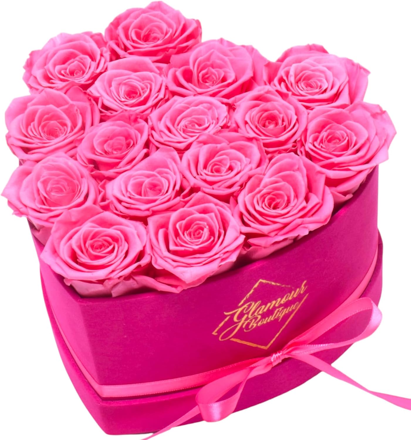FLORES PRESERVADAS GLAMOUR BOUTIQUE CAJA CORAZÓN CON 16 ROSAS VELVET ROSA - 1