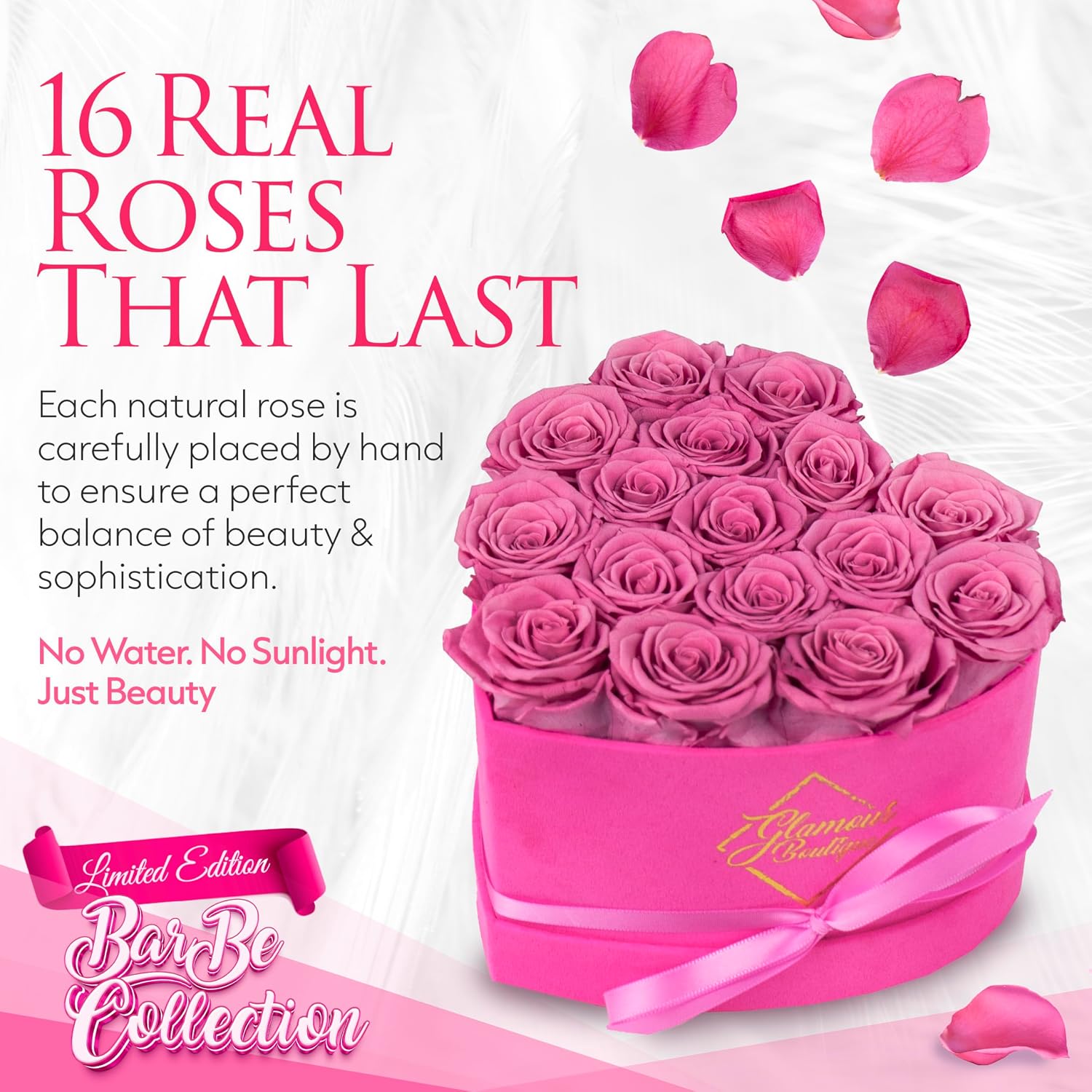 FLORES PRESERVADAS GLAMOUR BOUTIQUE CAJA CORAZÓN CON 16 ROSAS VELVET ROSA - 2