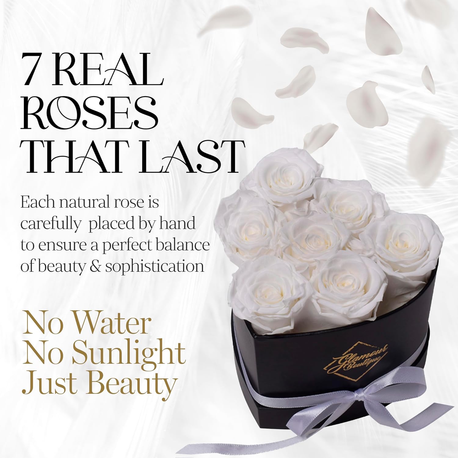 FLORES PRESERVADAS GLAMOUR BOUTIQUE, 7 ROSAS BLANCAS ETERNAS EN CAJA CORAZÓN - 2