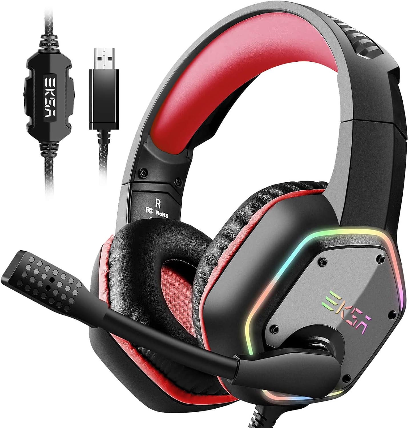 AUDÍFONOS GAMING EKSA E1000 USB CON MICRÓFONO CANCELADOR DE RUIDO Y SONIDO SURROUND 7.1 ROJO - 1