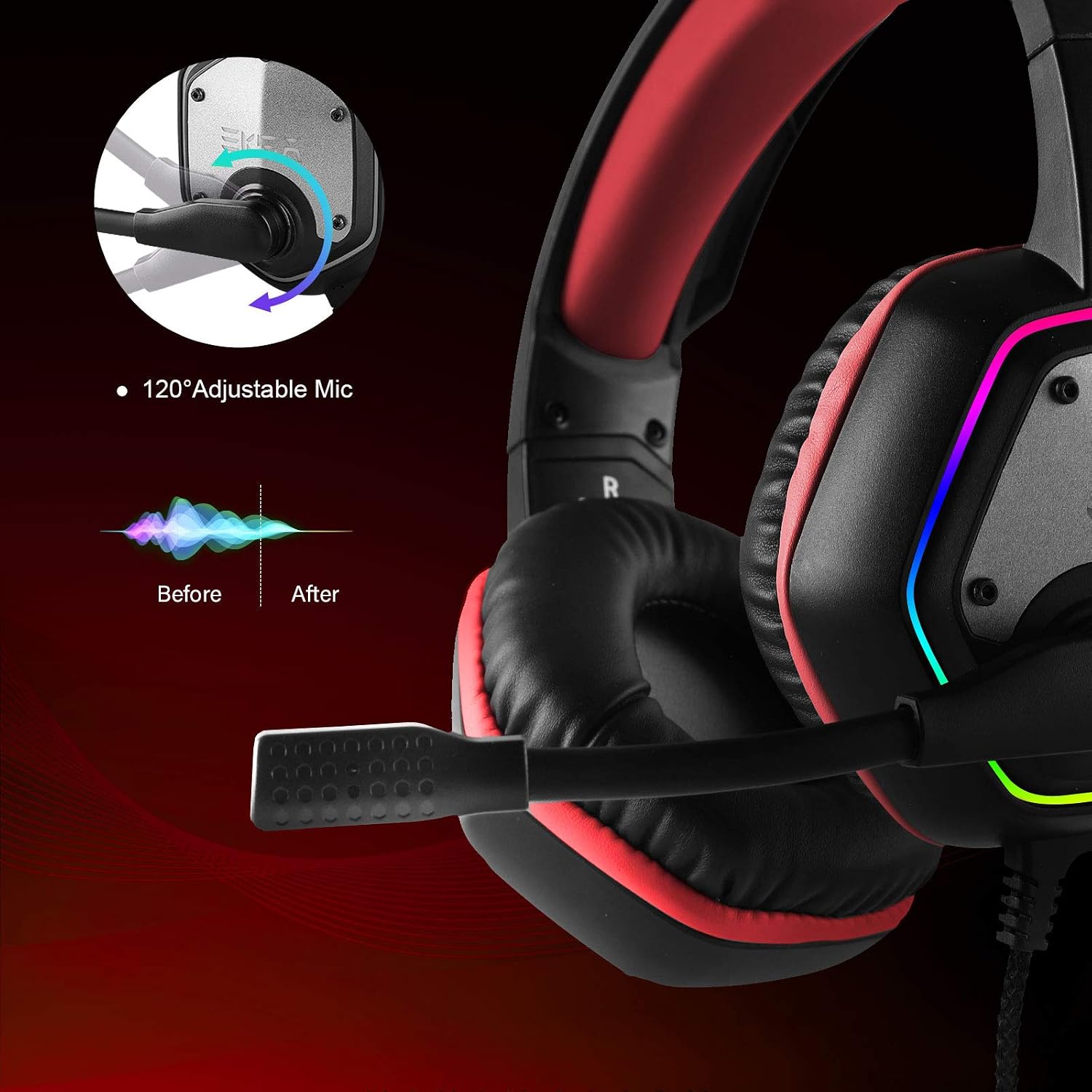 AUDÍFONOS GAMING EKSA E1000 USB CON MICRÓFONO CANCELADOR DE RUIDO Y SONIDO SURROUND 7.1 ROJO - 5