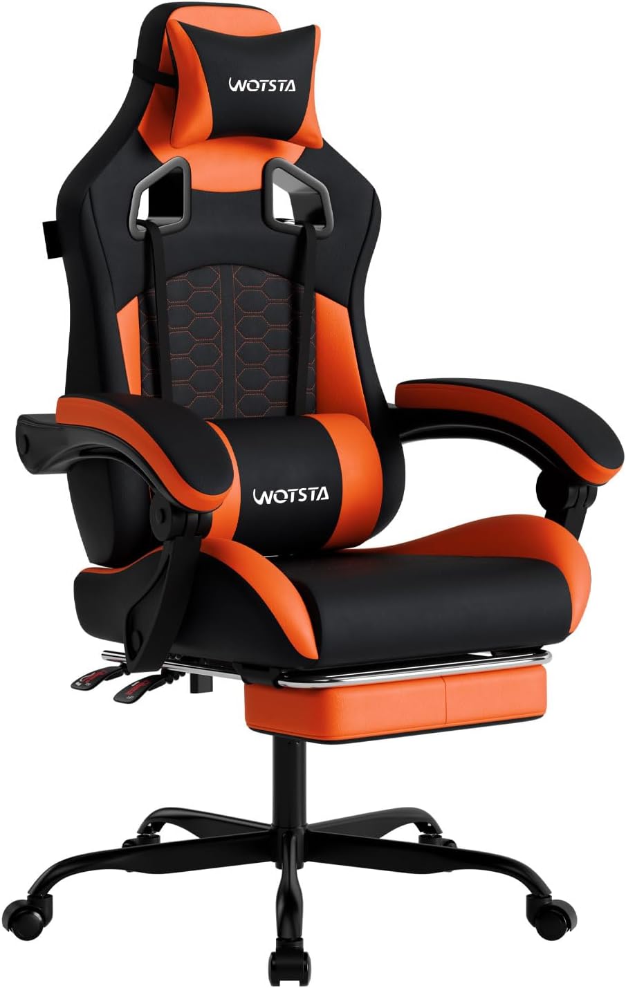 SILLA DE OFICINA WOTSTA GAMING CON MASAJE, REPOSAPIÉS, SOPORTE LUMBAR Y CABECERA, CUERO PVC, 300 LBS, NEGRO Y NARANJA - 1