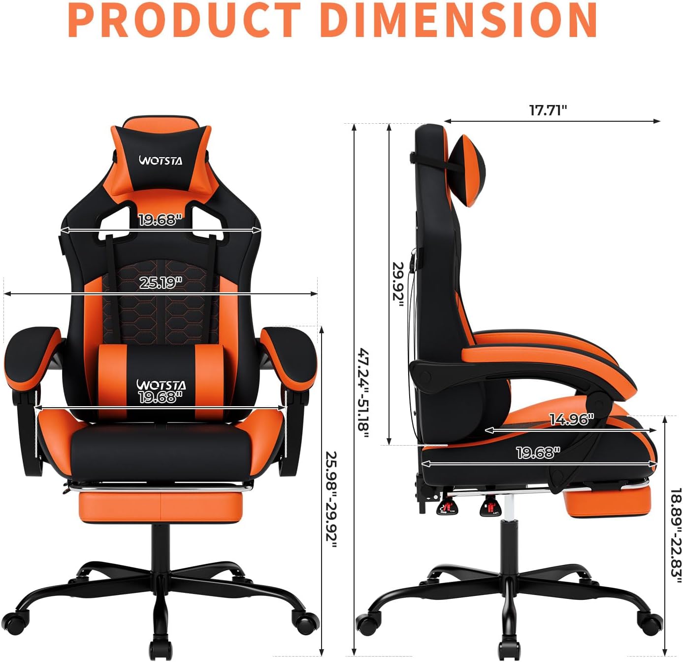 SILLA DE OFICINA WOTSTA GAMING CON MASAJE, REPOSAPIÉS, SOPORTE LUMBAR Y CABECERA, CUERO PVC, 300 LBS, NEGRO Y NARANJA - 2