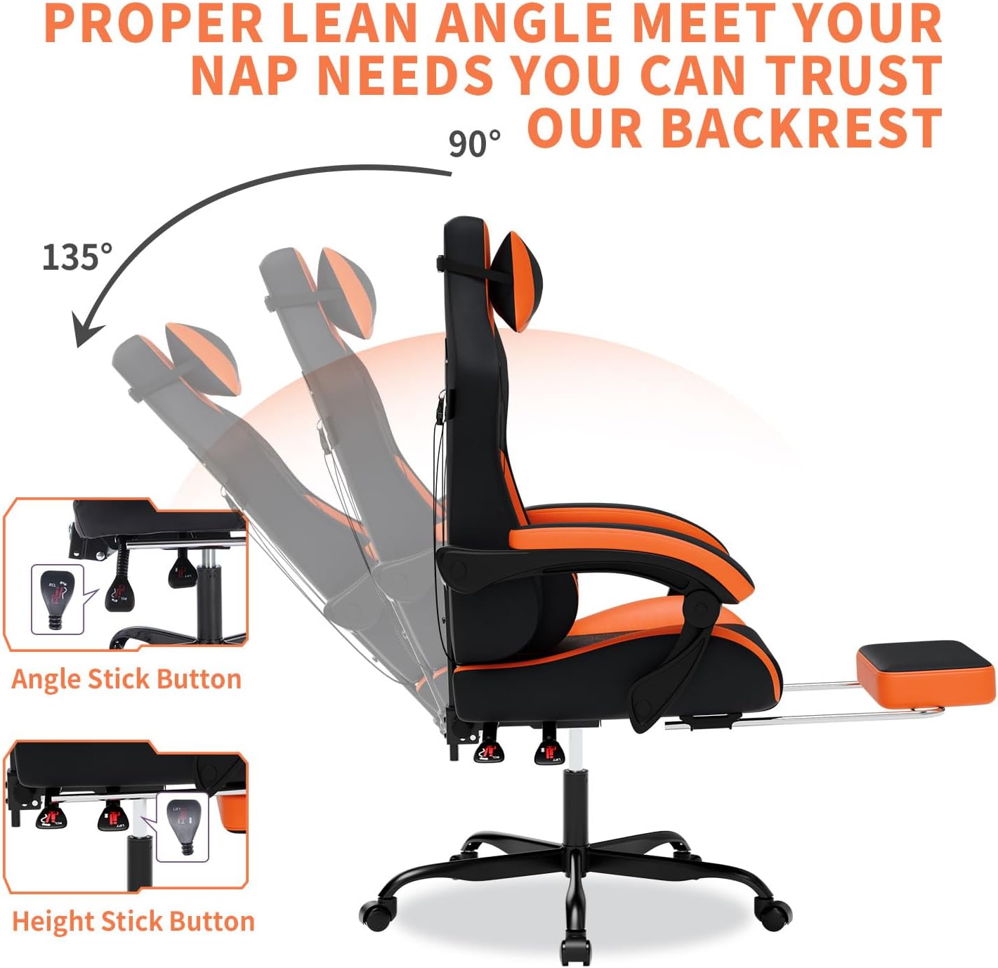 SILLA DE OFICINA WOTSTA GAMING CON MASAJE, REPOSAPIÉS, SOPORTE LUMBAR Y CABECERA, CUERO PVC, 300 LBS, NEGRO Y NARANJA - 3