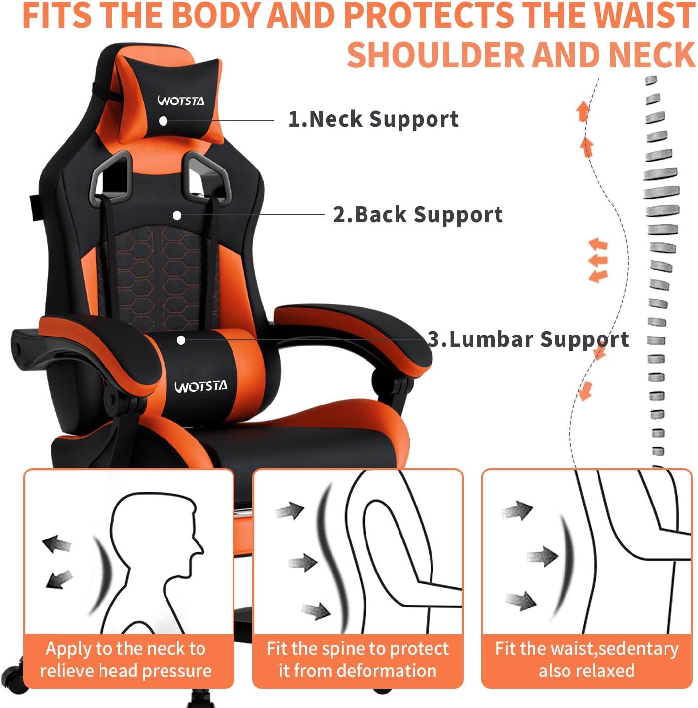 SILLA DE OFICINA WOTSTA GAMING CON MASAJE, REPOSAPIÉS, SOPORTE LUMBAR Y CABECERA, CUERO PVC, 300 LBS, NEGRO Y NARANJA - 4