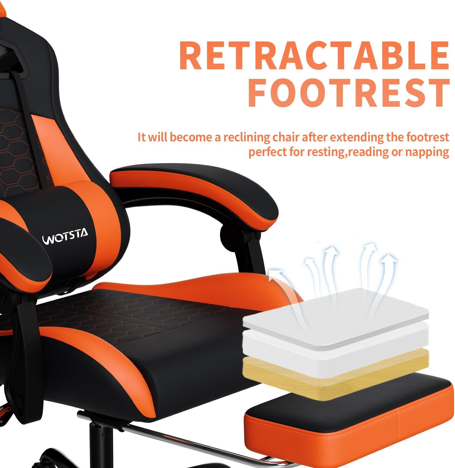SILLA DE OFICINA WOTSTA GAMING CON MASAJE, REPOSAPIÉS, SOPORTE LUMBAR Y CABECERA, CUERO PVC, 300 LBS, NEGRO Y NARANJA - 5