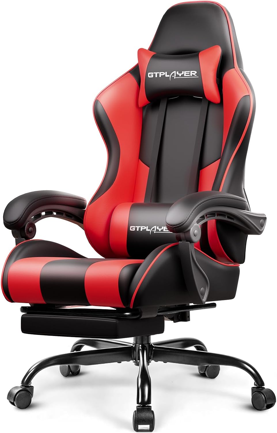 SILLA DE OFICINA GTPLAYER GAMING CON REPOSAPIÉS Y SOPORTE LUMBAR, AJUSTABLE EN ALTURA, GIRATORIA 360°, CUERO SINTÉTICO ROJO - 1