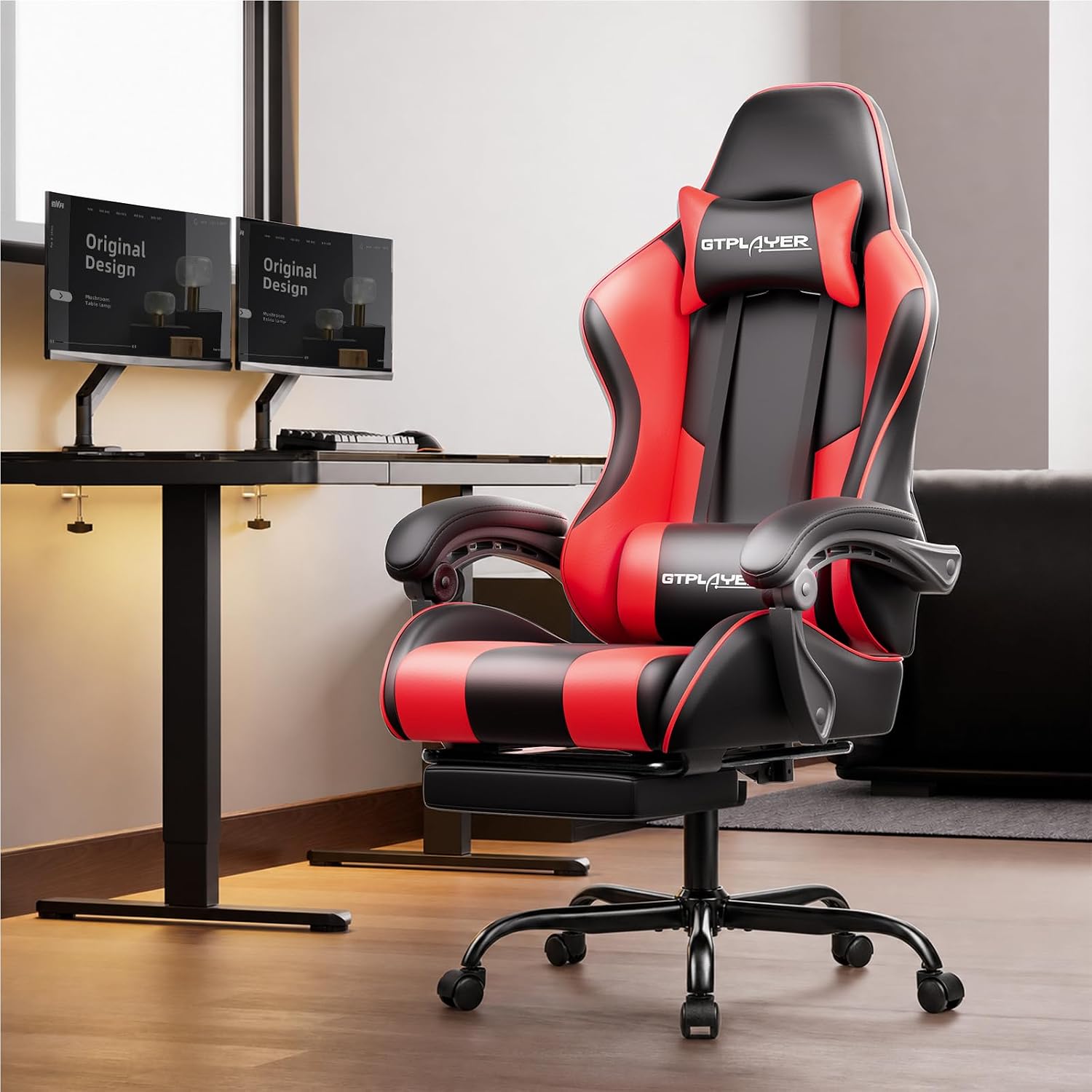SILLA DE OFICINA GTPLAYER GAMING CON REPOSAPIÉS Y SOPORTE LUMBAR, AJUSTABLE EN ALTURA, GIRATORIA 360°, CUERO SINTÉTICO ROJO - 2