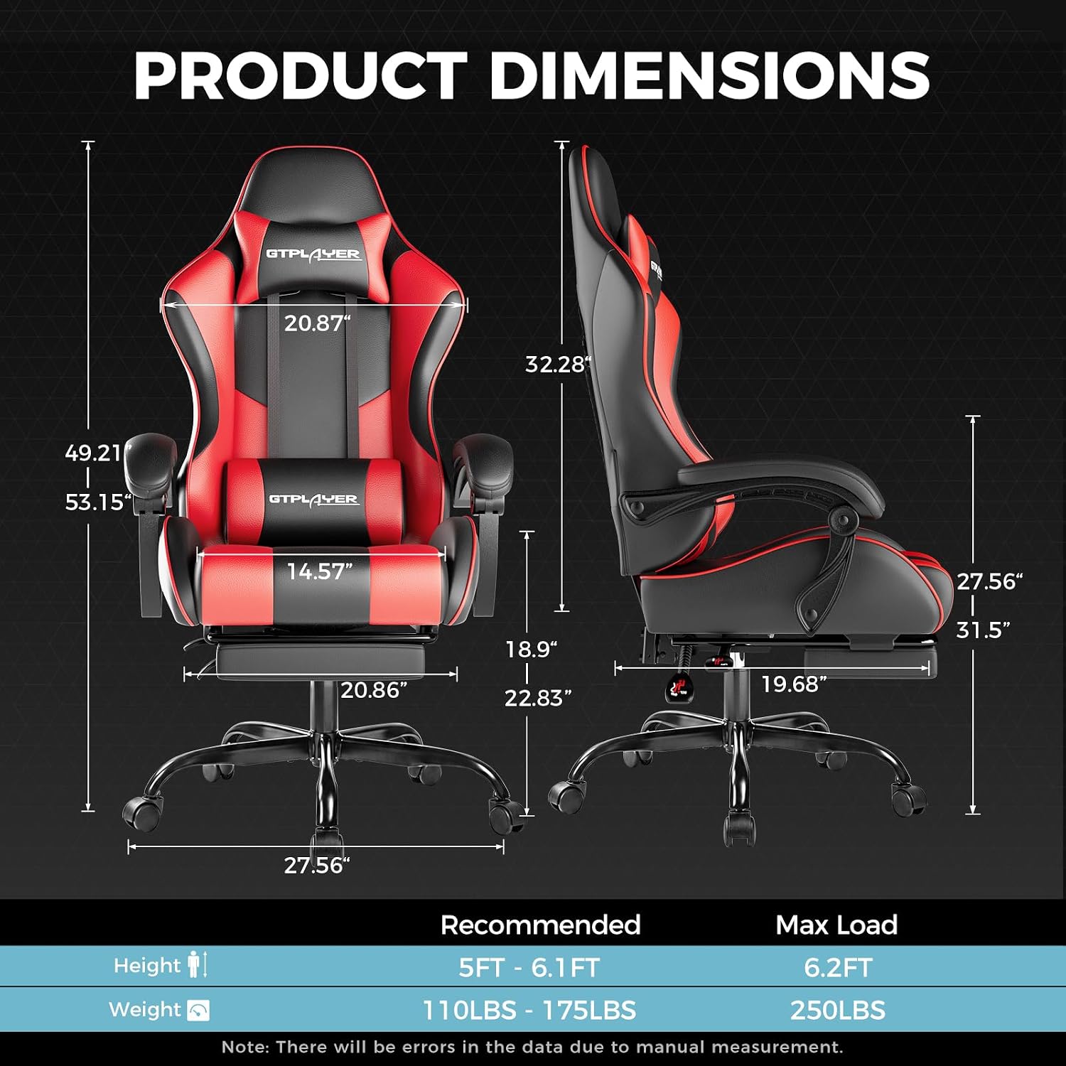 SILLA DE OFICINA GTPLAYER GAMING CON REPOSAPIÉS Y SOPORTE LUMBAR, AJUSTABLE EN ALTURA, GIRATORIA 360°, CUERO SINTÉTICO ROJO - 3