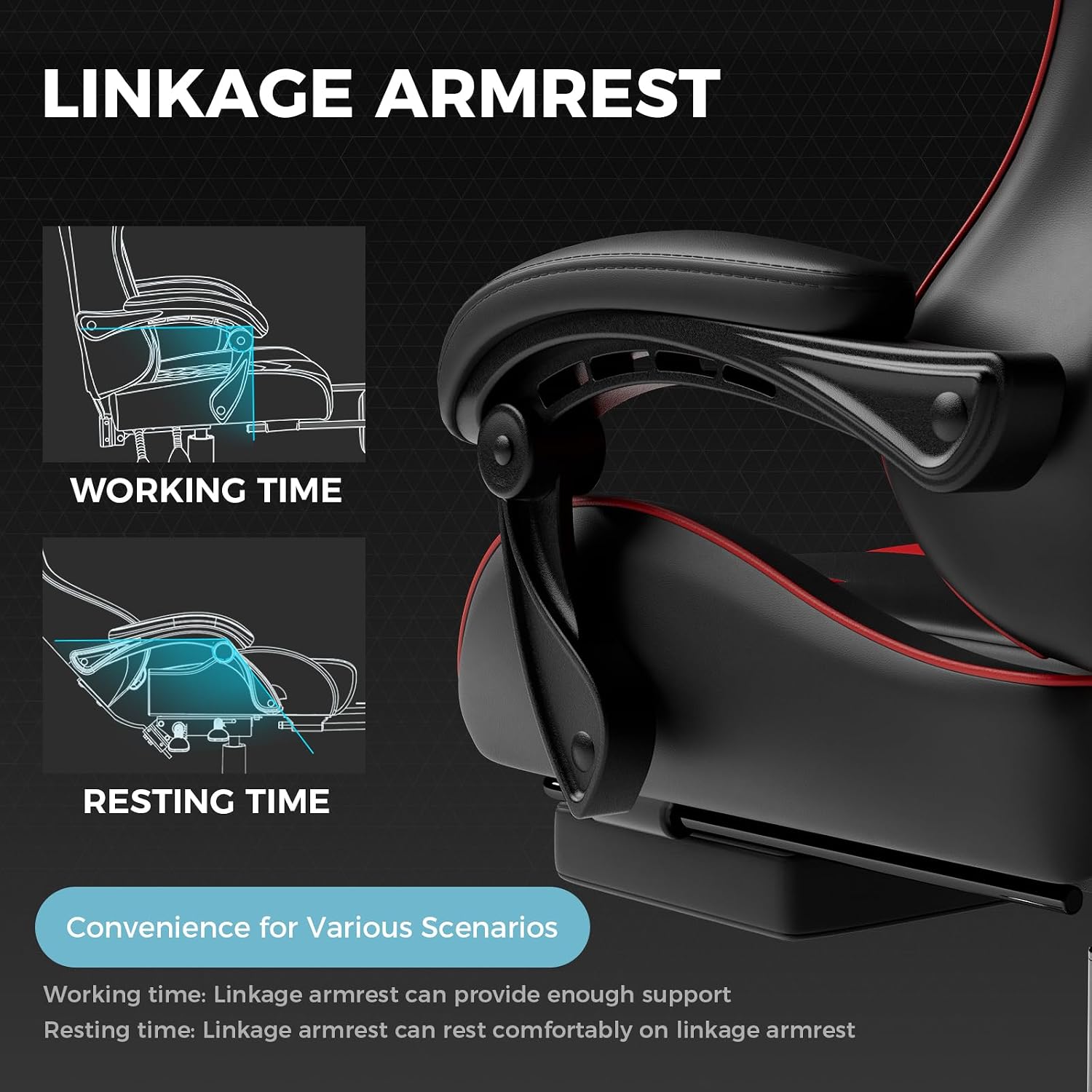 SILLA DE OFICINA GTPLAYER GAMING CON REPOSAPIÉS Y SOPORTE LUMBAR, AJUSTABLE EN ALTURA, GIRATORIA 360°, CUERO SINTÉTICO ROJO - 5