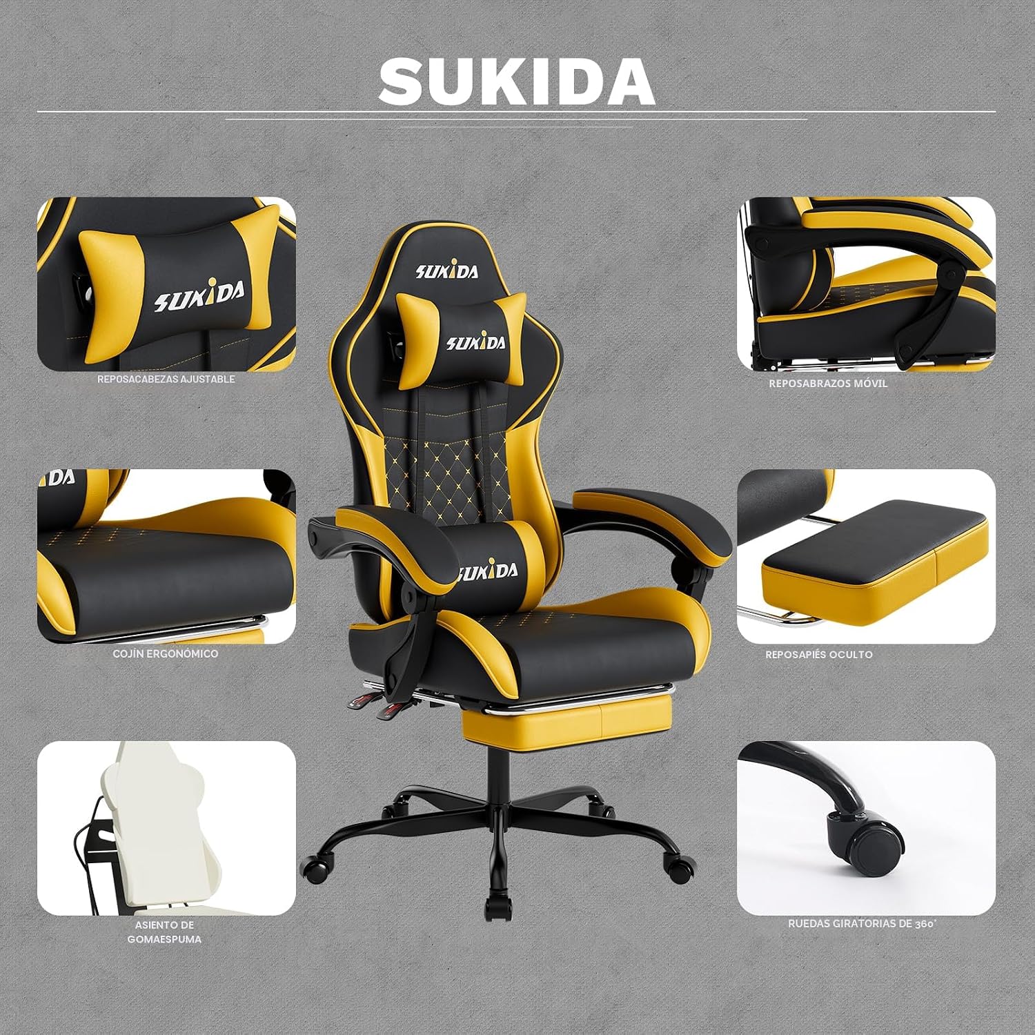 SILLA DE OFICINA SUKIDA GAMING ERGONÓMICA CON MASAJE Y SOPORTE LUMBAR AJUSTABLE - 5