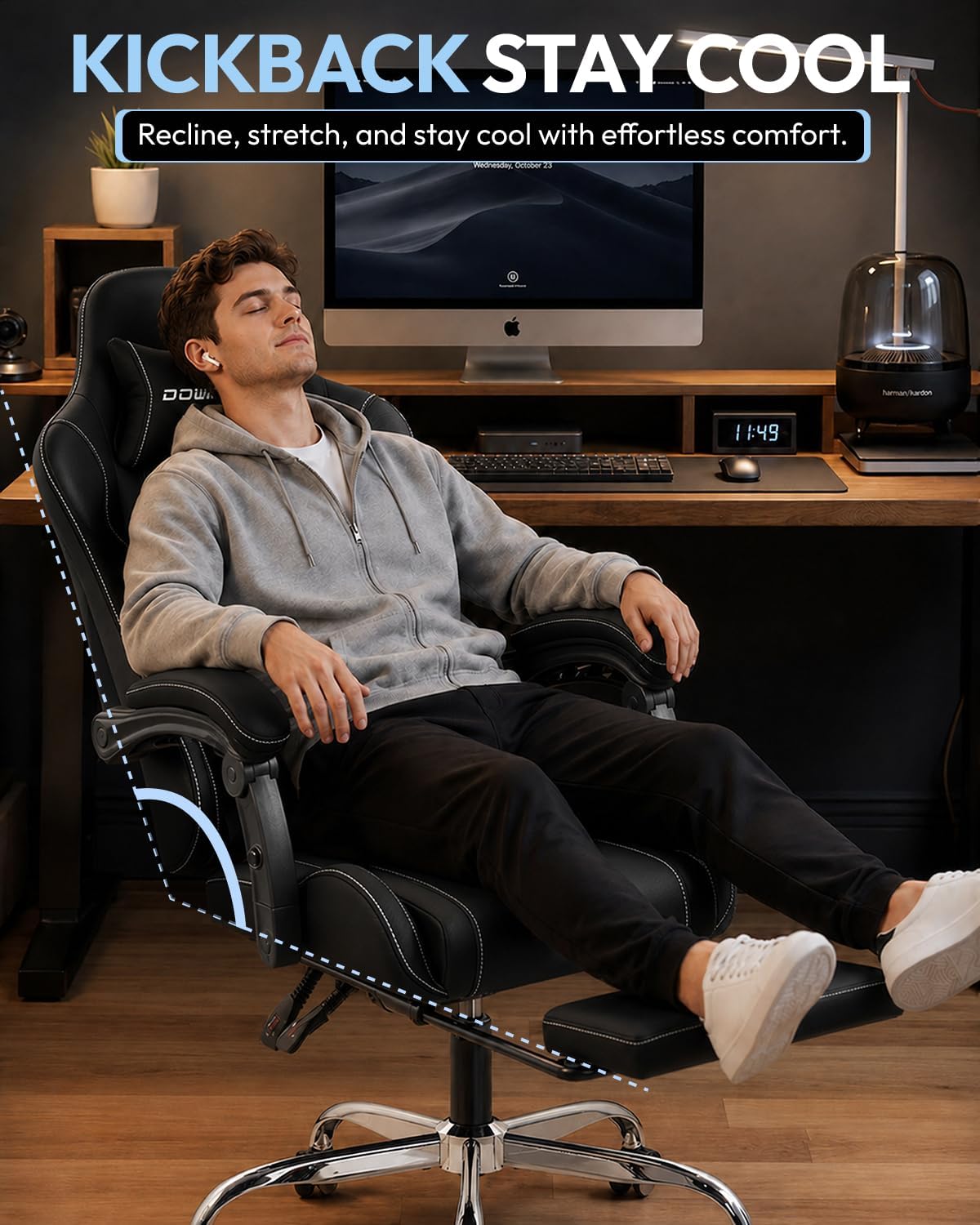 SILLA DE OFICINA DOWINX ERGONOMIC GAMING CON REPOSAPIÉS Y MASAJE LUMBAR, BRAZOS 2D, CAPACIDAD 150 KG, NEGRO - 5