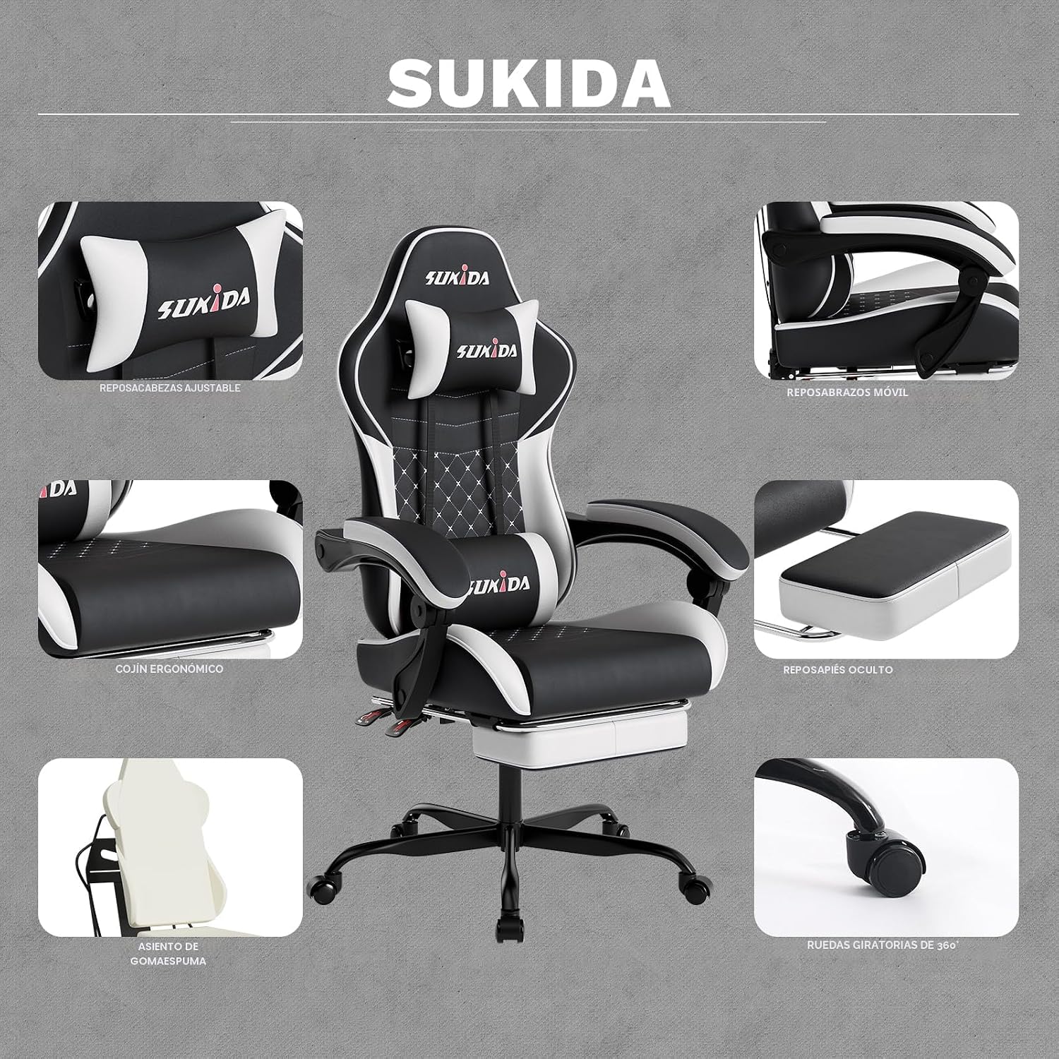 SILLA DE OFICINA SUKIDA GAMING ERGONÓMICA CON MASAJE Y SOPORTE LUMBAR AJUSTABLE - 5