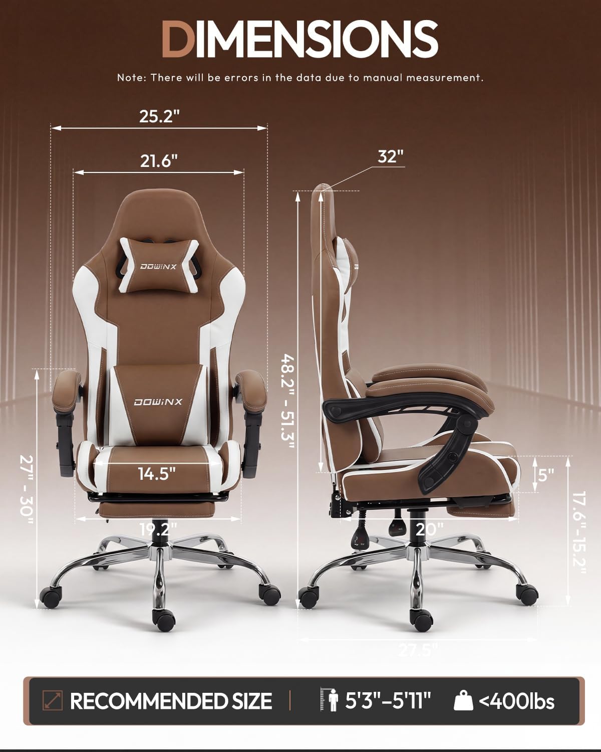 SILLA DE OFICINA DOWINX ERGONOMIC GAMING CON REPOSAPIÉS Y MASAJE LUMBAR, BRAZOS 2D, CAPACIDAD 150 KG, TELA MARRÓN - 3