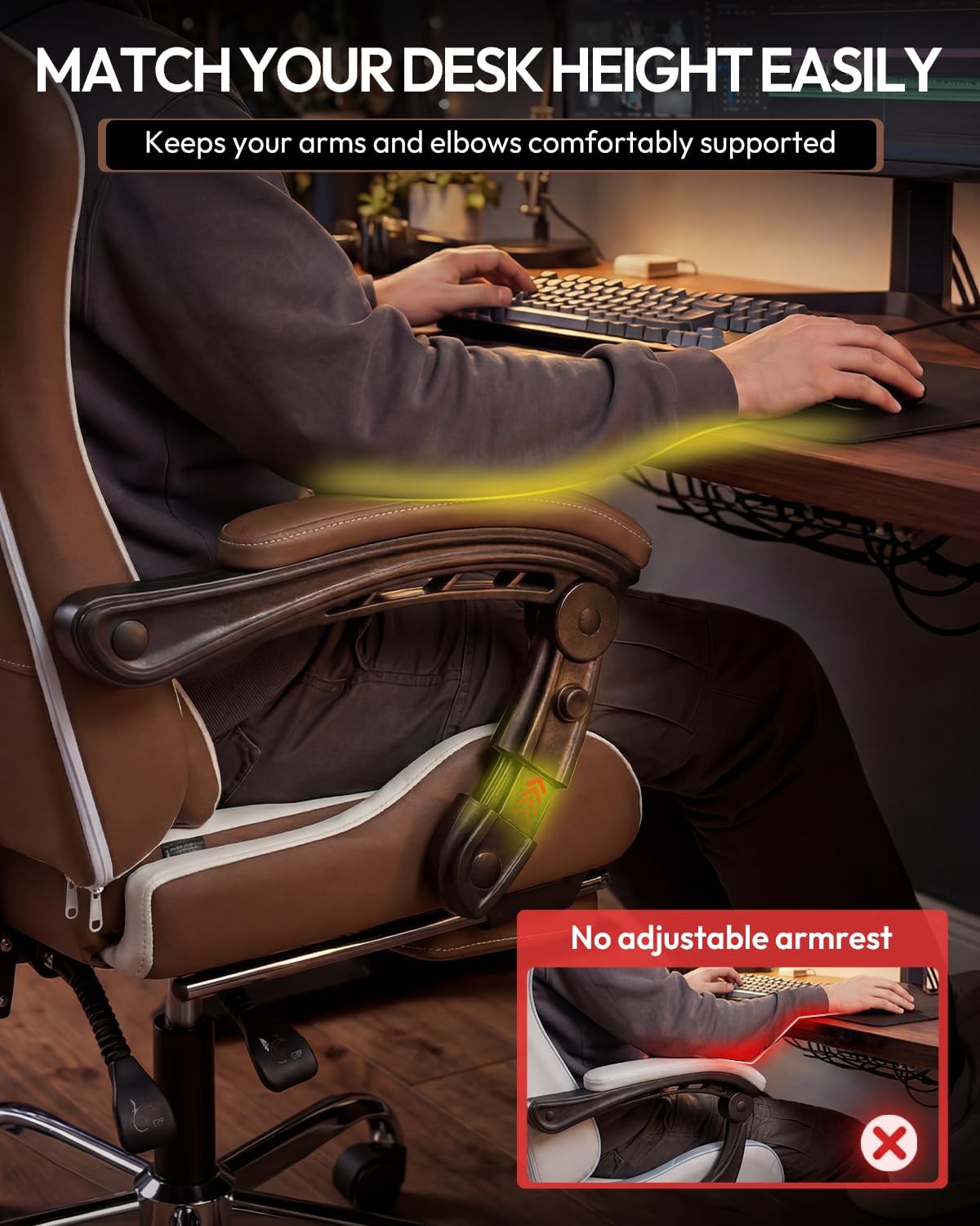 SILLA DE OFICINA DOWINX ERGONOMIC GAMING CON REPOSAPIÉS Y MASAJE LUMBAR, BRAZOS 2D, CAPACIDAD 150 KG, TELA MARRÓN - 4