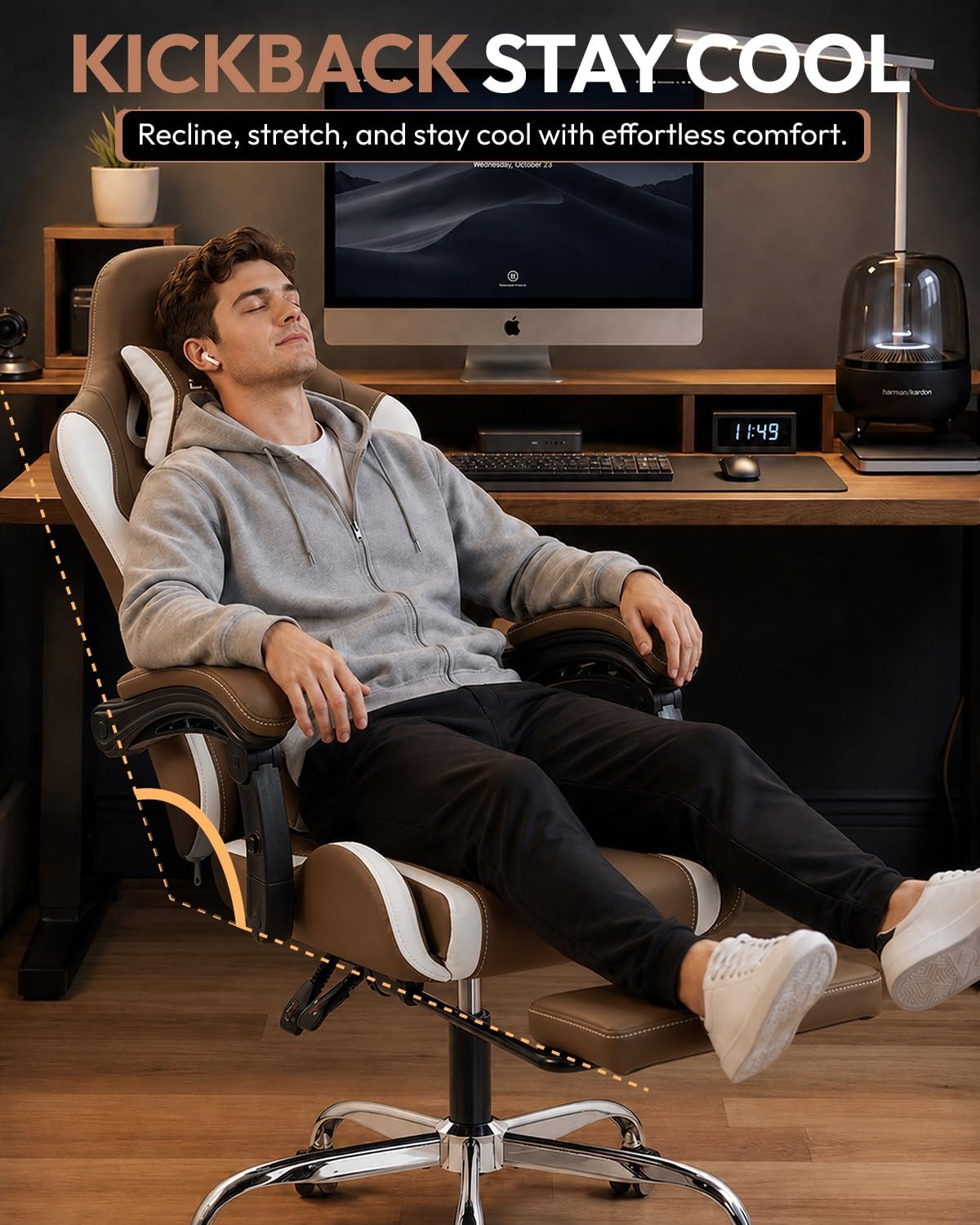 SILLA DE OFICINA DOWINX ERGONOMIC GAMING CON REPOSAPIÉS Y MASAJE LUMBAR, BRAZOS 2D, CAPACIDAD 150 KG, TELA MARRÓN - 5