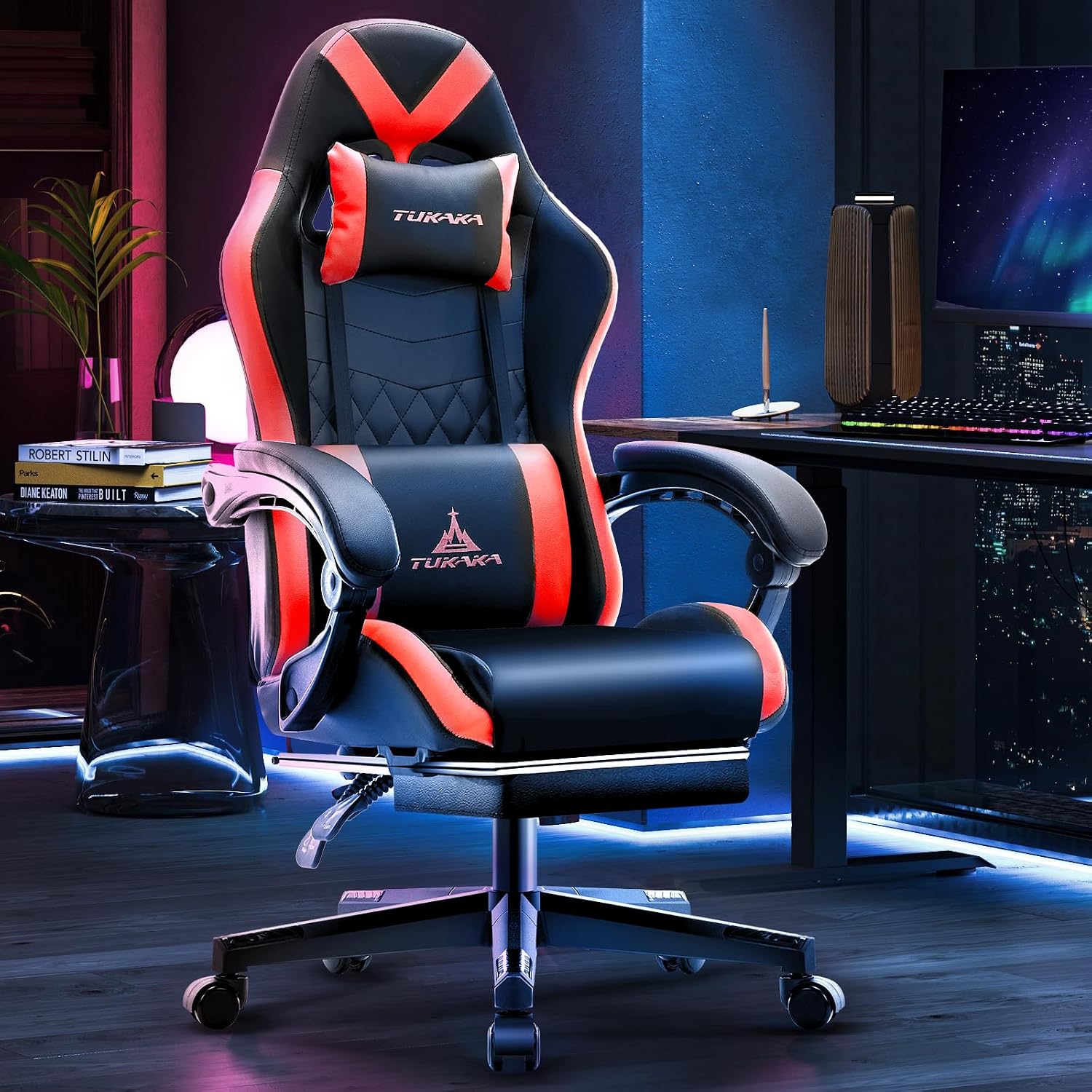 SILLA DE OFICINA ERGONÓMICA TUKAKA CON MASAJE Y REPOSAPIÉS ROJO - 2