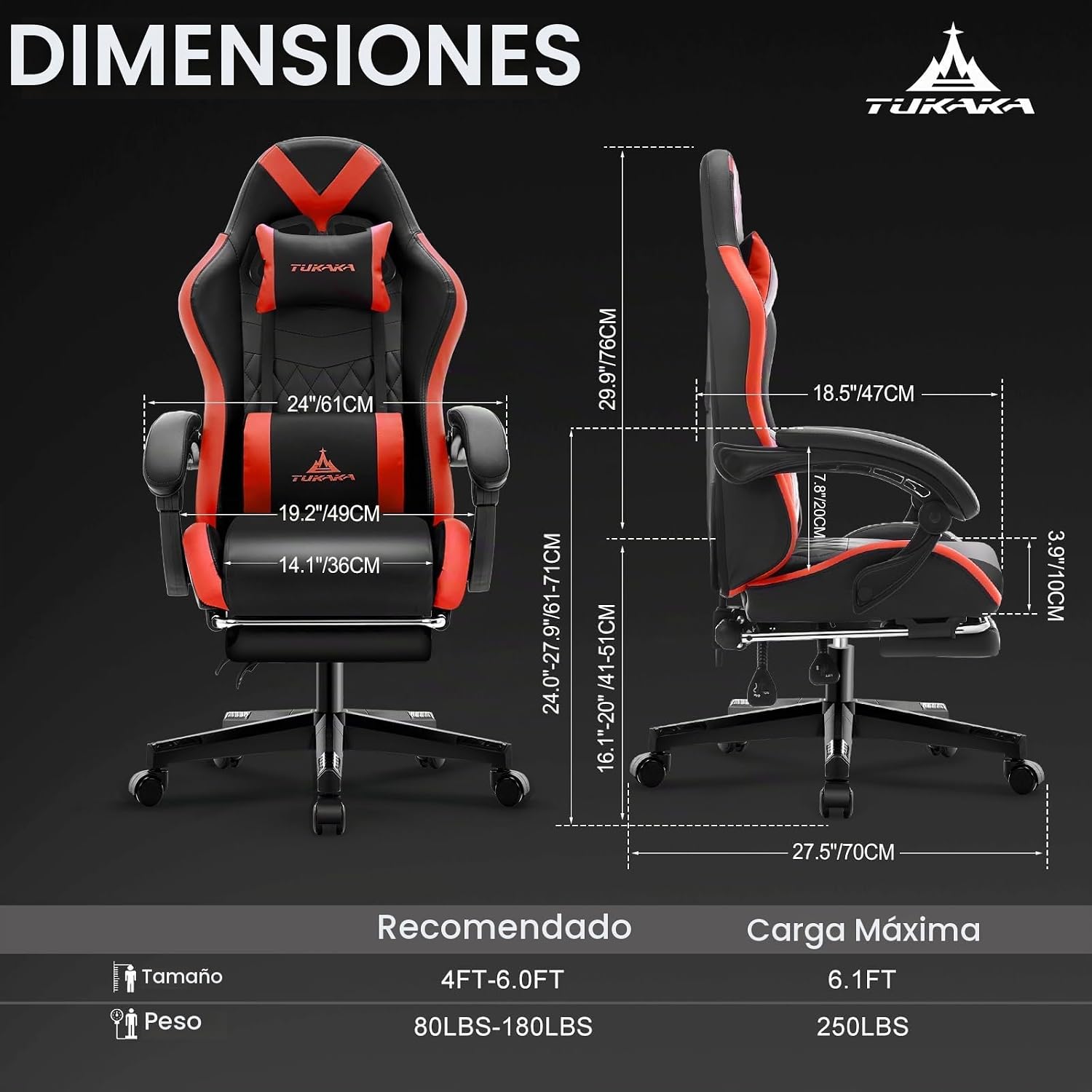 SILLA DE OFICINA ERGONÓMICA TUKAKA CON MASAJE Y REPOSAPIÉS ROJO - 3